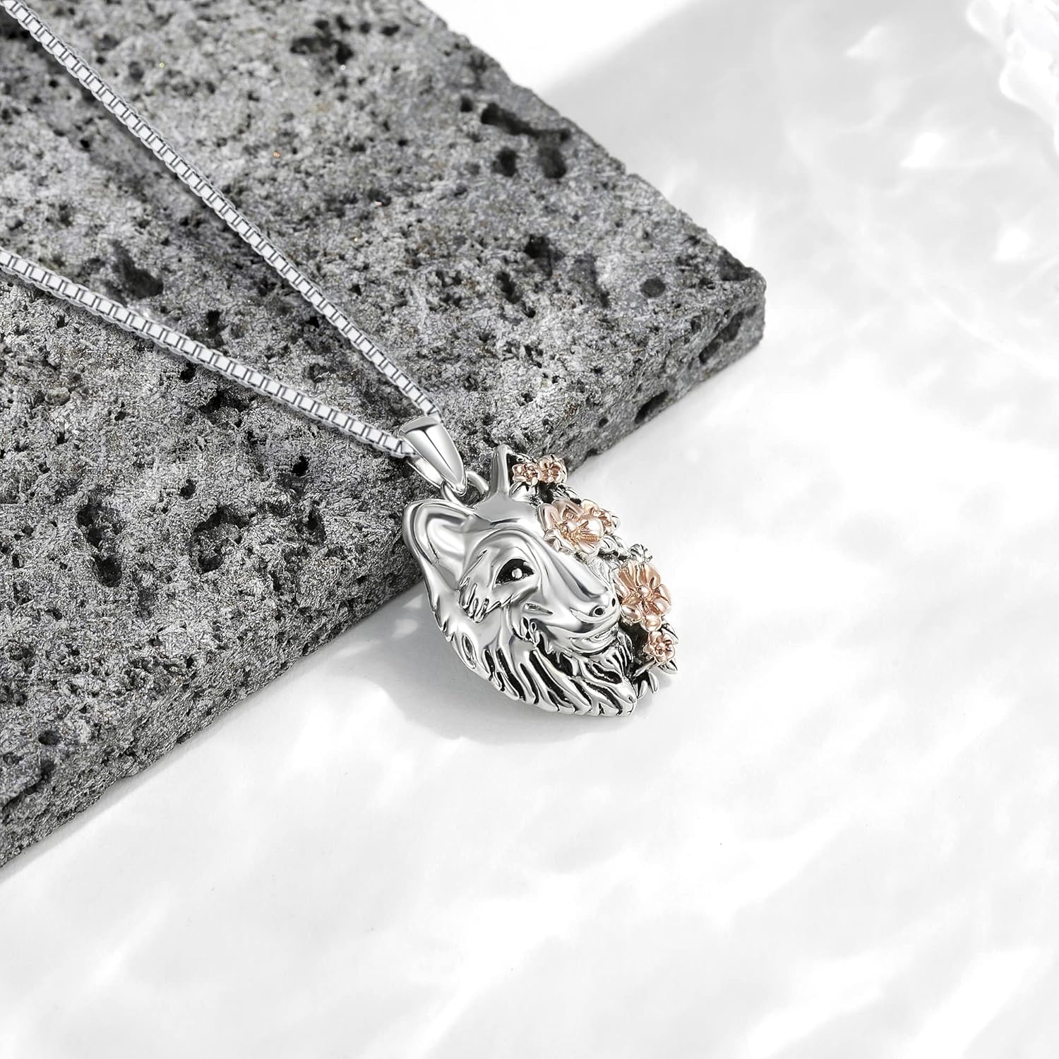 CUPENDA Wolf Halskette Sterling Silber Heulender Wolfskopf Blume Anhänger Halskette Nordische Wikinger Schmuck Geschenke für Frauen