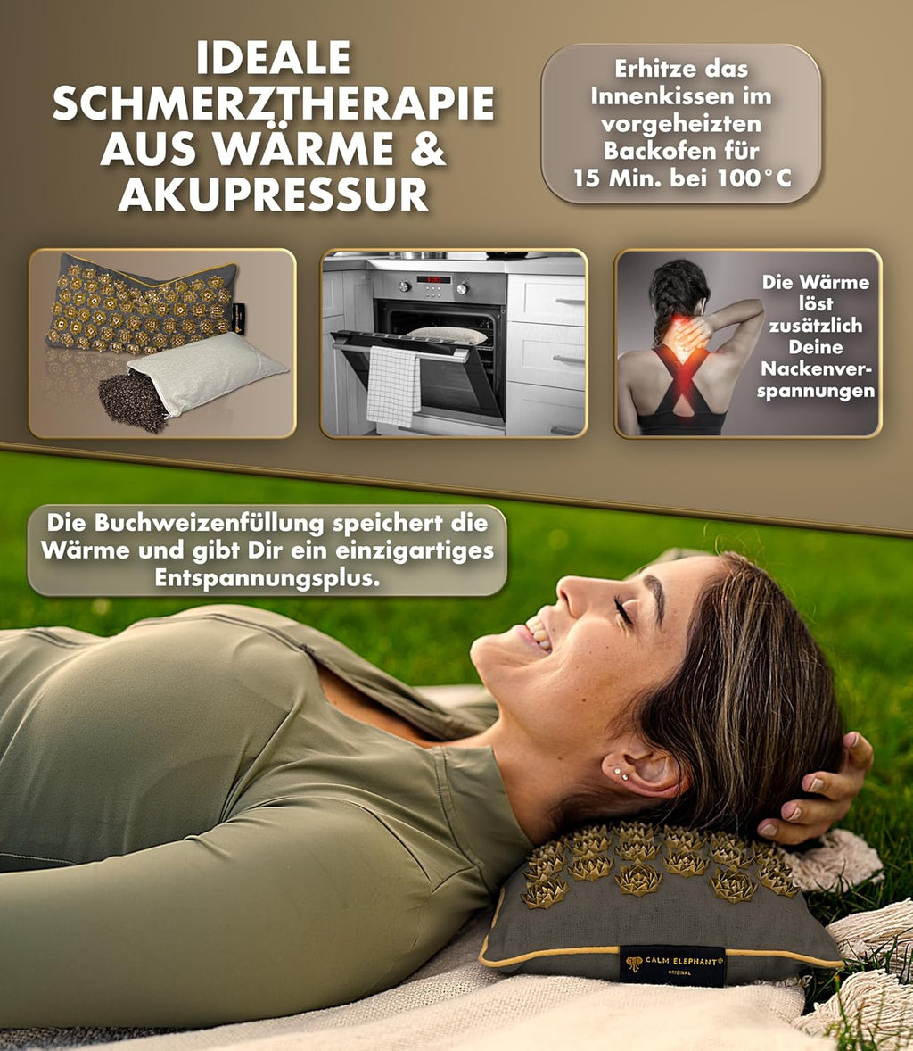 CALM ELEPHANT ORIGINAL® Akupressurmatte mit Kissen XXL Set GENUINE 5-teilig, Massagematte Rücken, Verspannungen lösen, Akupunktur Matte, Kissen mit Wärmefunktion, Lendenkissen, Fußmatte & Tasche, grau