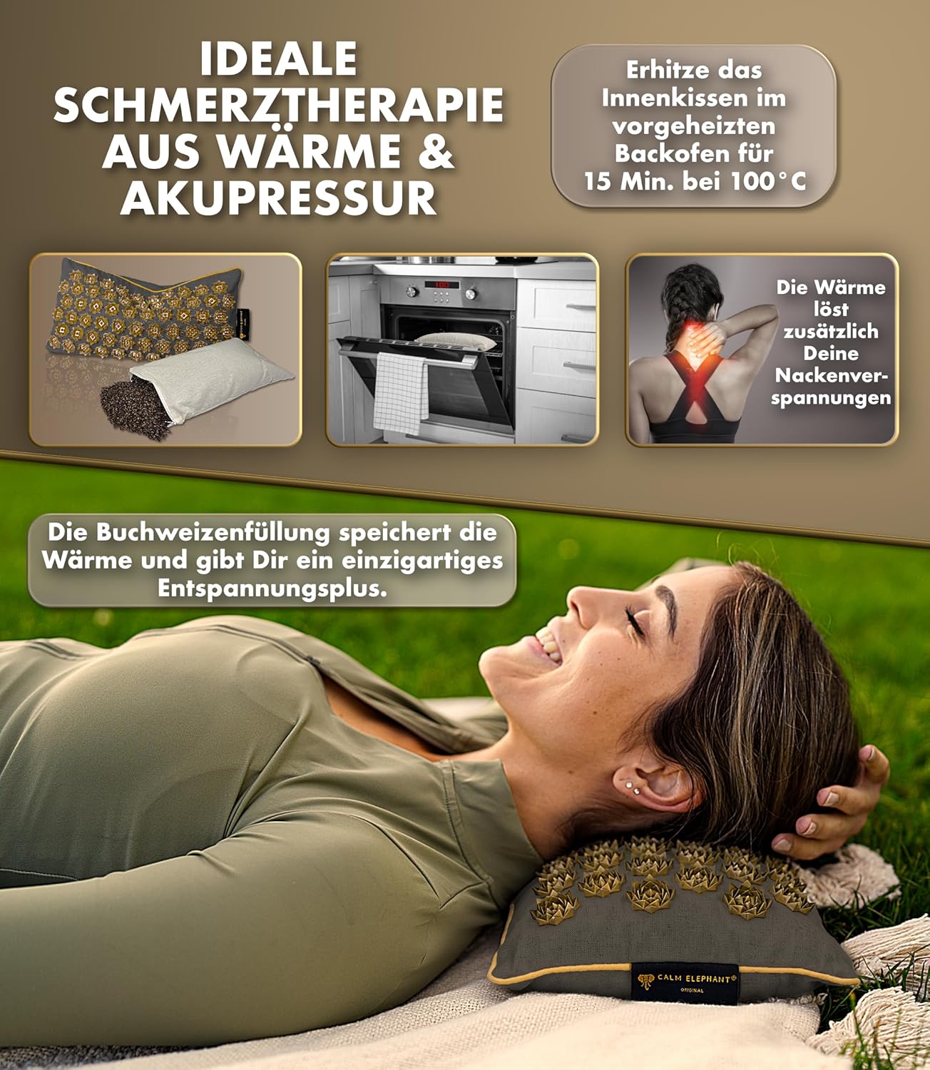 CALM ELEPHANT ORIGINAL® Akupressurmatte mit Kissen XXL Set GENUINE 5-teilig, Massagematte Rücken, Verspannungen lösen, Akupunktur Matte, Kissen mit Wärmefunktion, Lendenkissen, Fußmatte & Tasche, grau