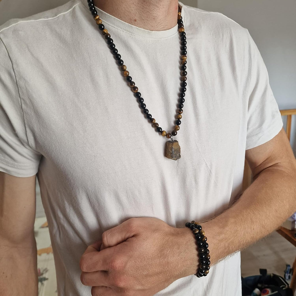 Natürlicher Kristall Schwarzer Obsidian Tigerauge Perlen Stein Halskette Armband Set Glücksamulett Anhänger Schutz Valentinstag Geschenke für Ihn