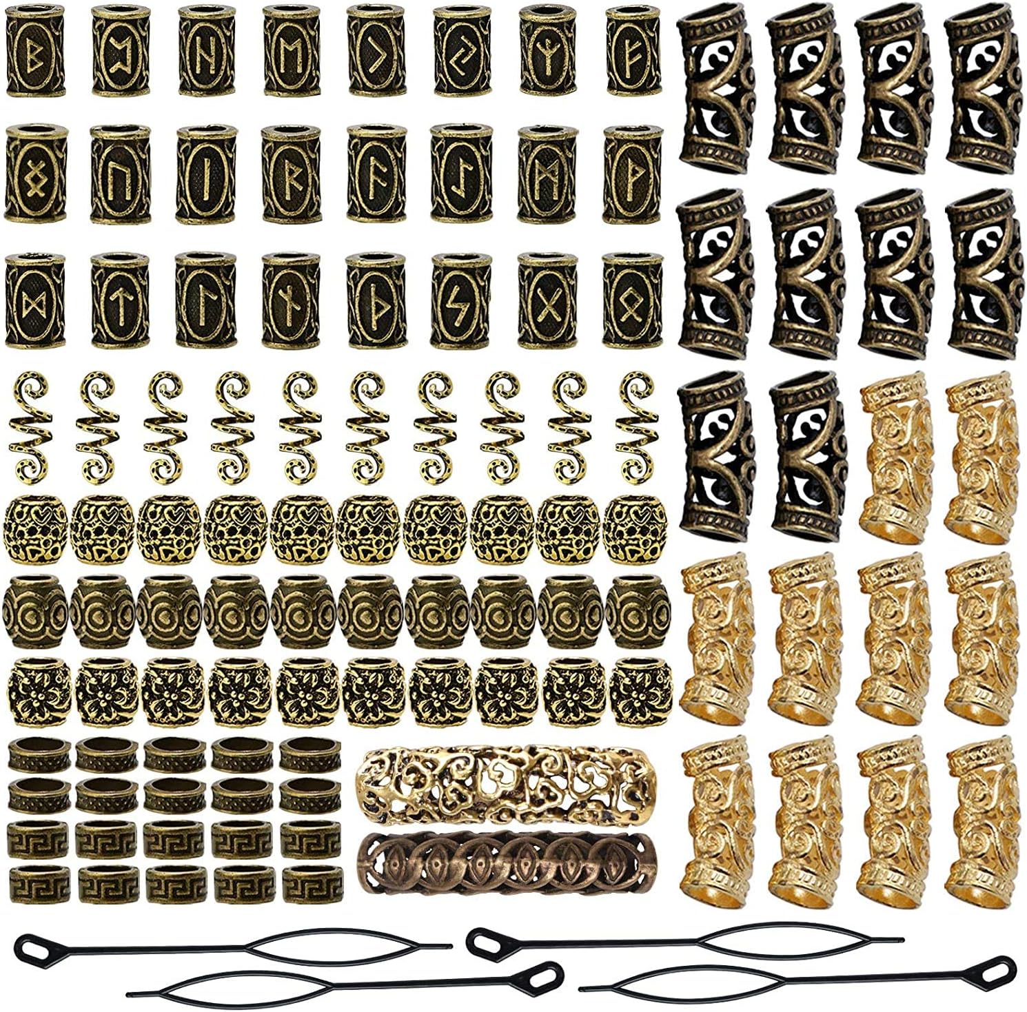 Queta Wikinger Rune Perlen, Nordic Bartperlen, Flechtperlen, Haarperlen, Haarverlängerung Nadel Einfädler Schlaufennadel Microringnadel für Haar Bart Schmuck DIY Halskette Halskette Anhänger (Golden)