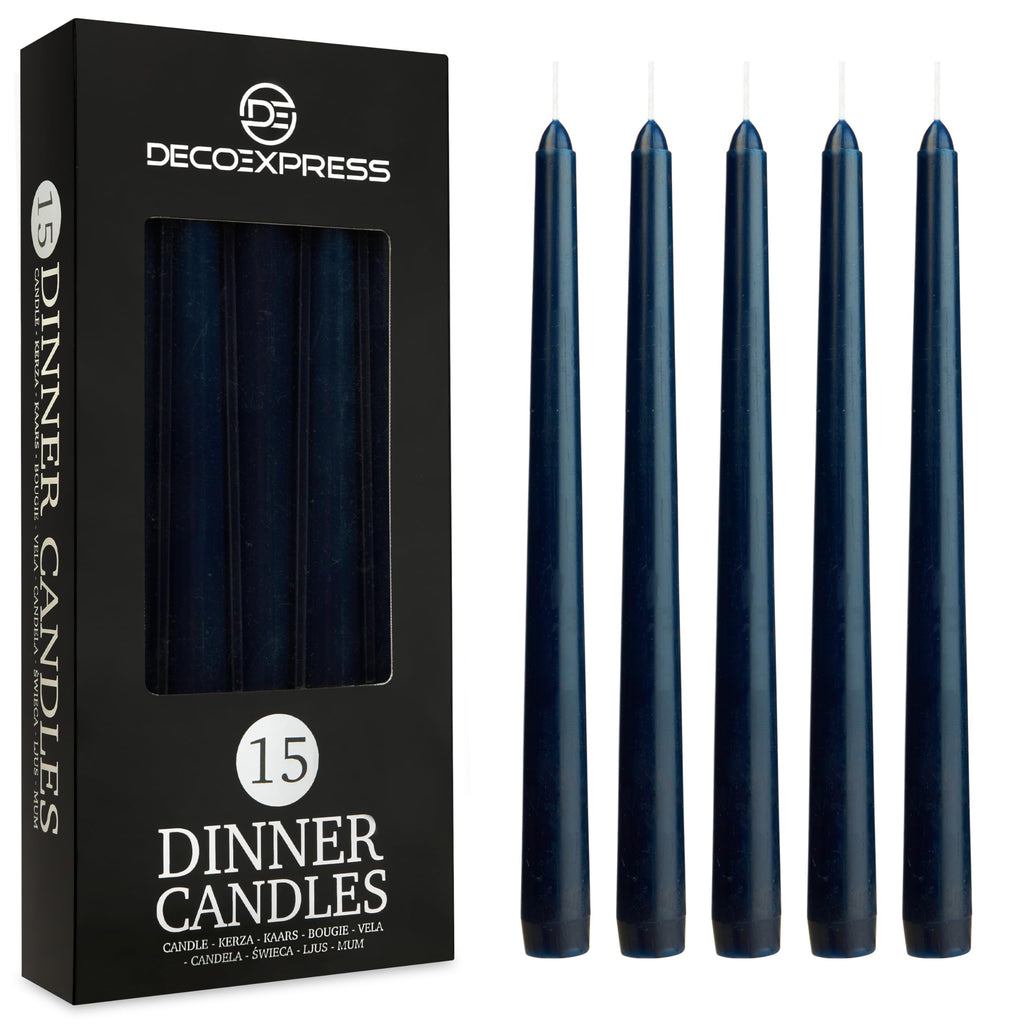 DECO EXPRESS Taper Candles Set of 6, 10, 15 or 50, Long Burning Time up to 8 Hours, Odourless (Purple, Set of 15)