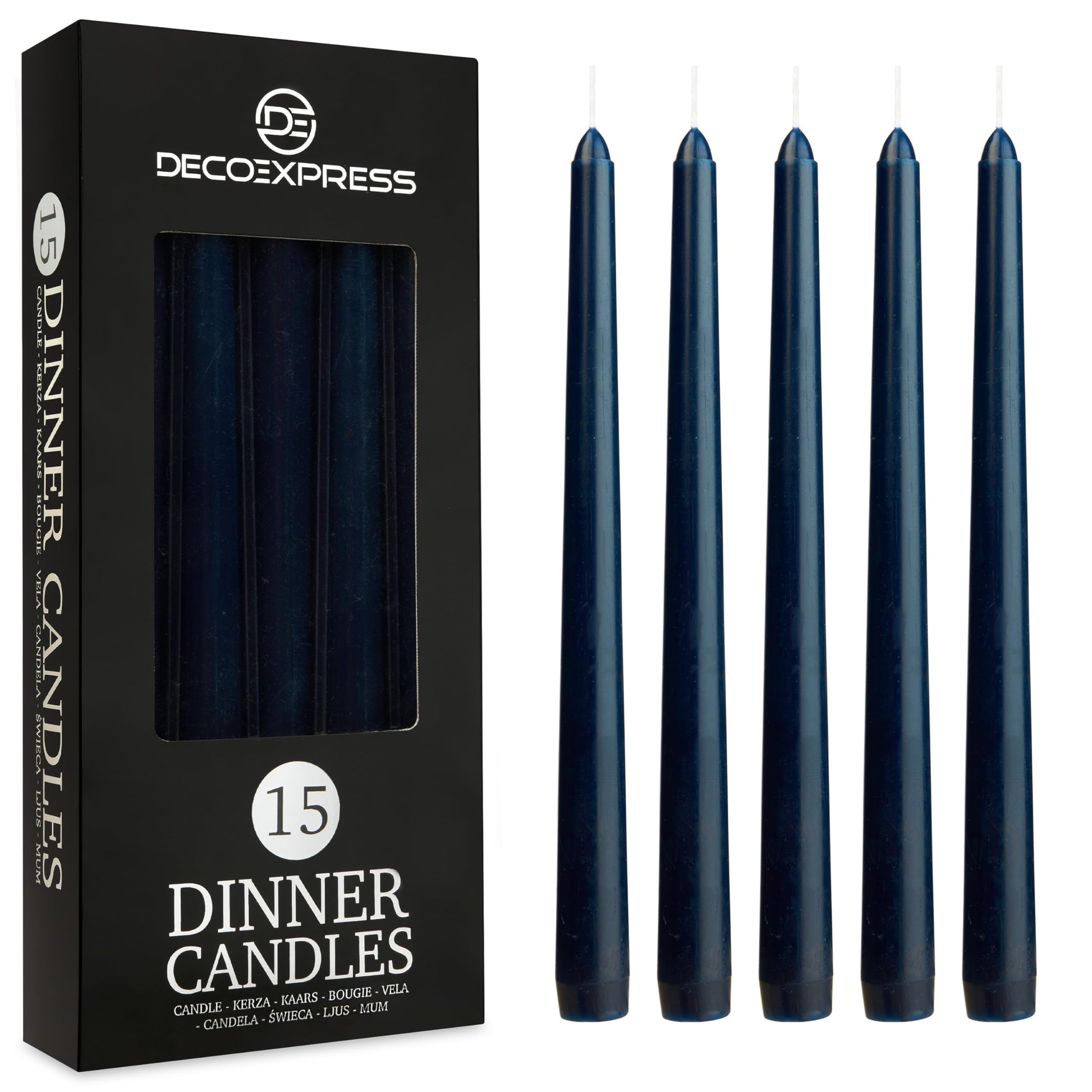 DECO EXPRESS Taper Candles Set of 6, 10, 15 or 50, Long Burning Time up to 8 Hours, Odourless (Silver, Set of 15)