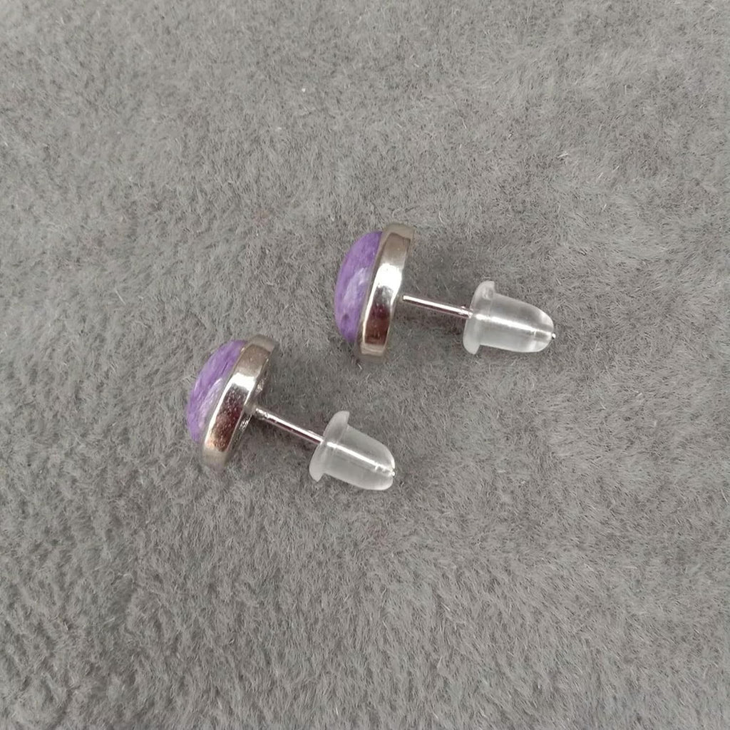 Natural Purple Charoite Earrings Oval Shape Bezel Set Stud Earrings 925 Silver
