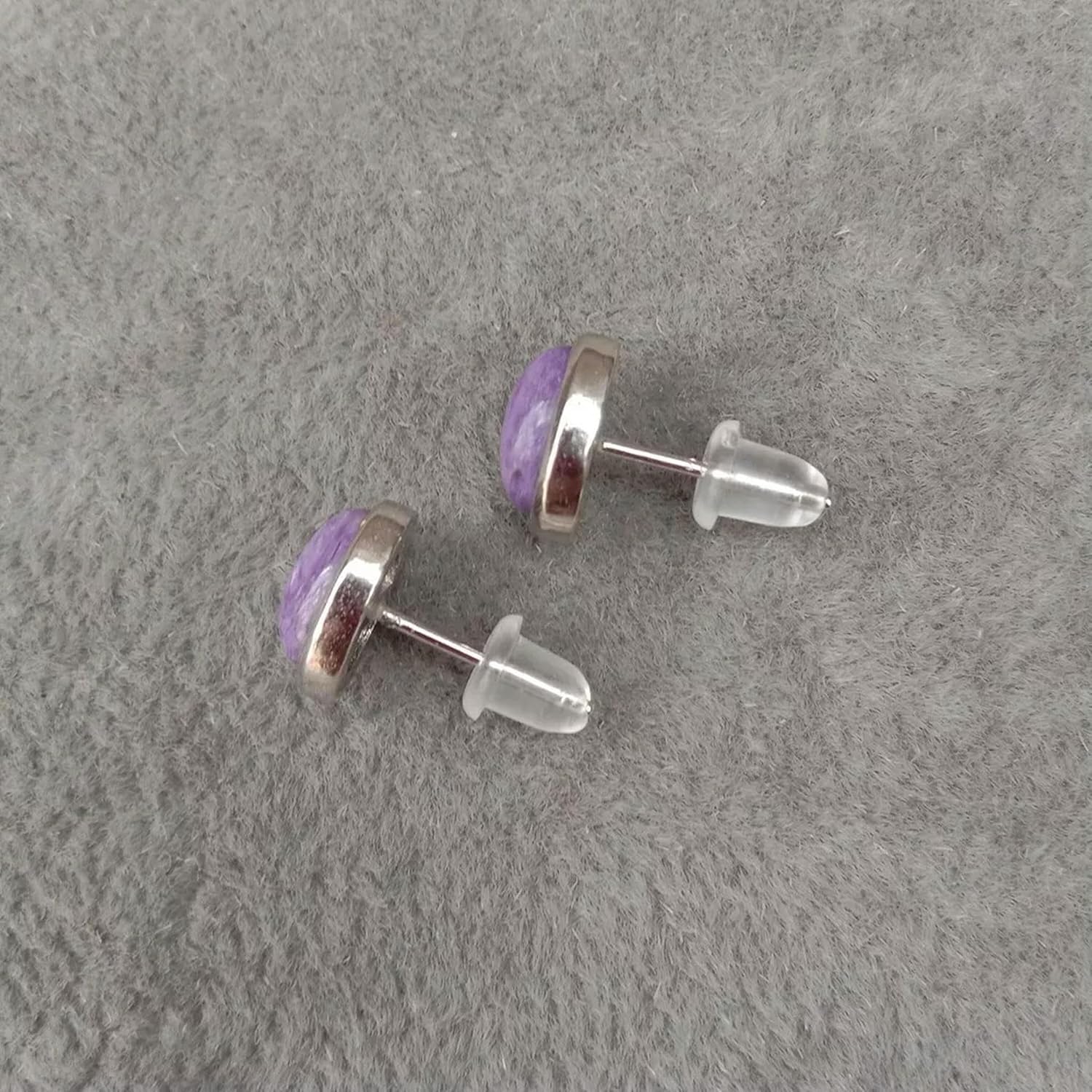 Natural Purple Charoite Earrings Oval Shape Bezel Set Stud Earrings 925 Silver