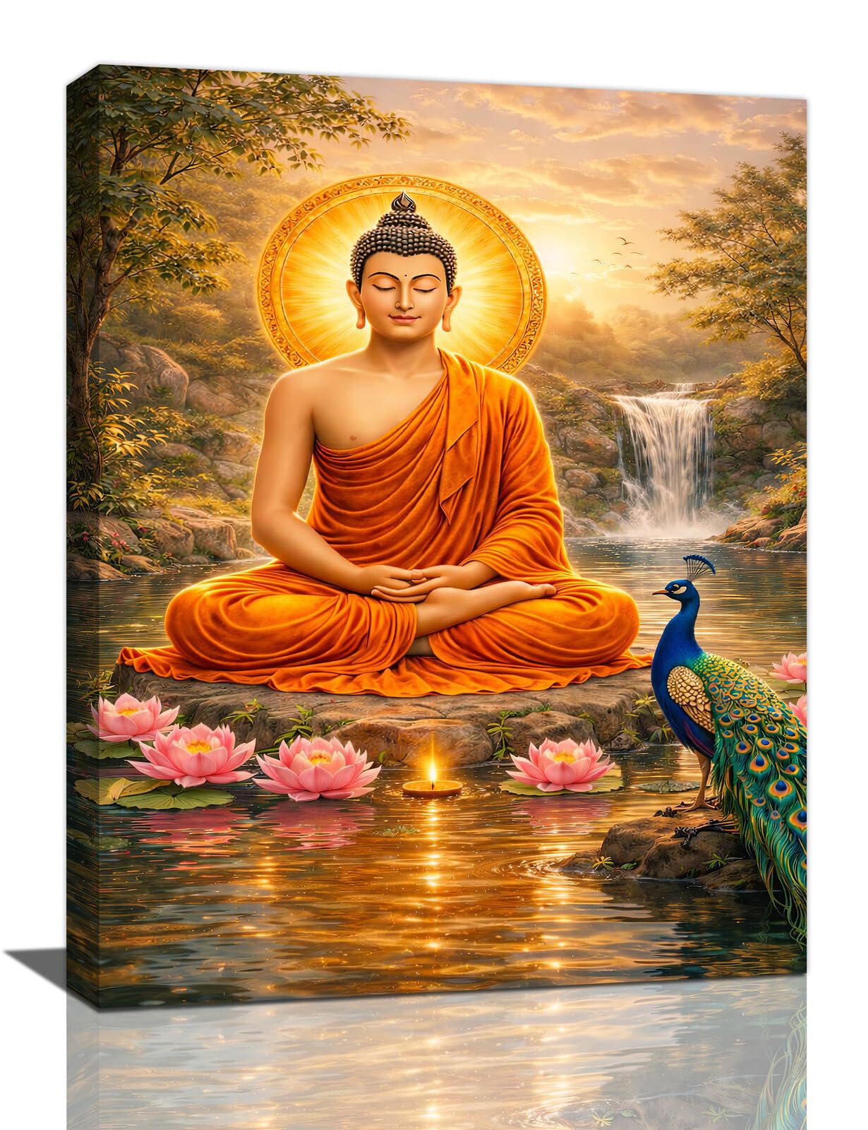 Lovira Buddha Wall Art Zen Buddhism Wall Decor Spiritual Meditation Canvas Painting Pictures Peacock Artwork for Bathroom Spa Yoga Bedroom 12"x16"