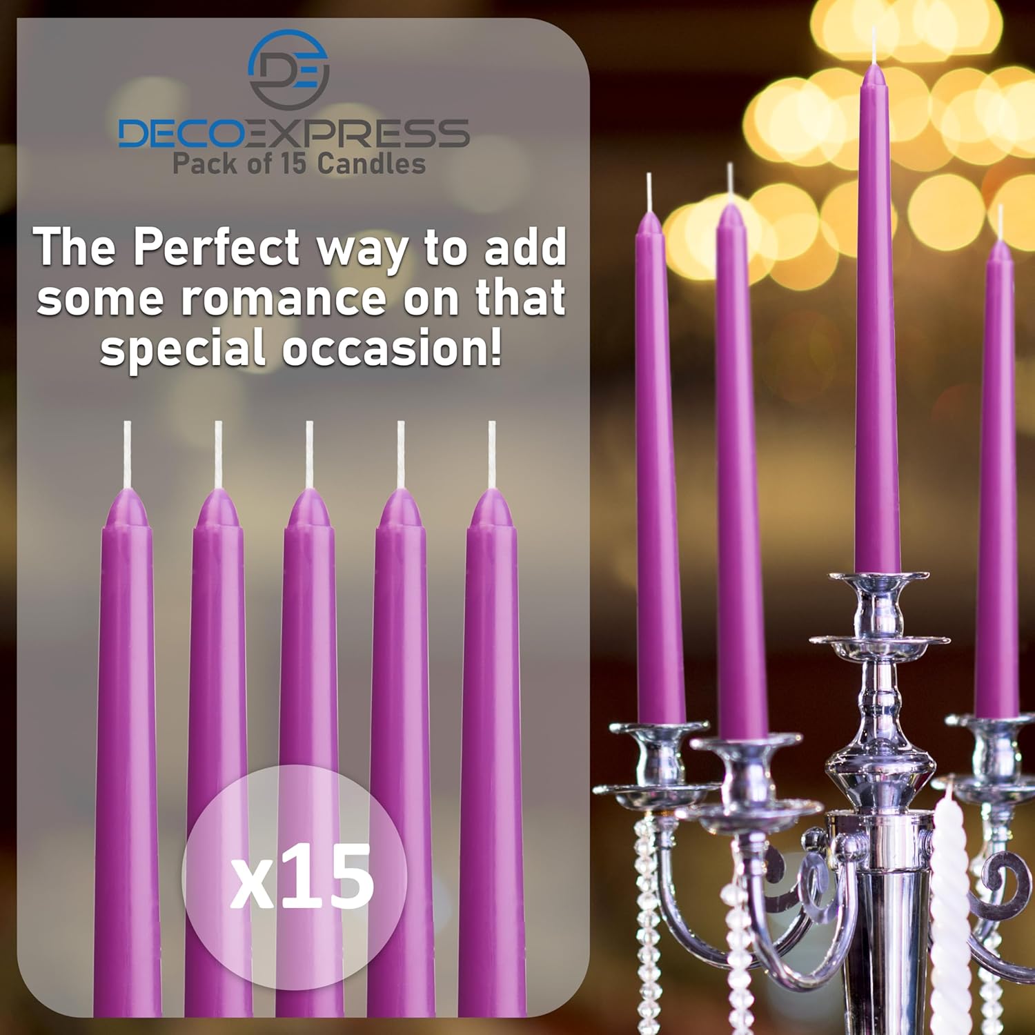 DECO EXPRESS Taper Candles Set of 6, 10, 15 or 50, Long Burning Time up to 8 Hours, Odourless (Purple, Set of 15)