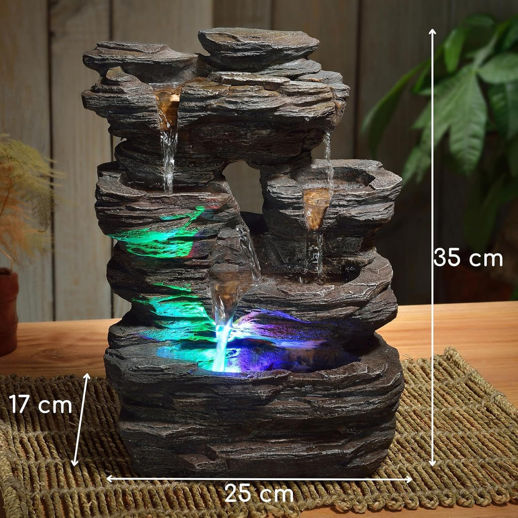 Zen’Light - Zimmerbrunnen Pietra - Steinoptik aus Kunstharz mit Bunten Lichteffekten - Moderne Zen Deko, Meditation & Entspannung - Glücksbringer - H35cm