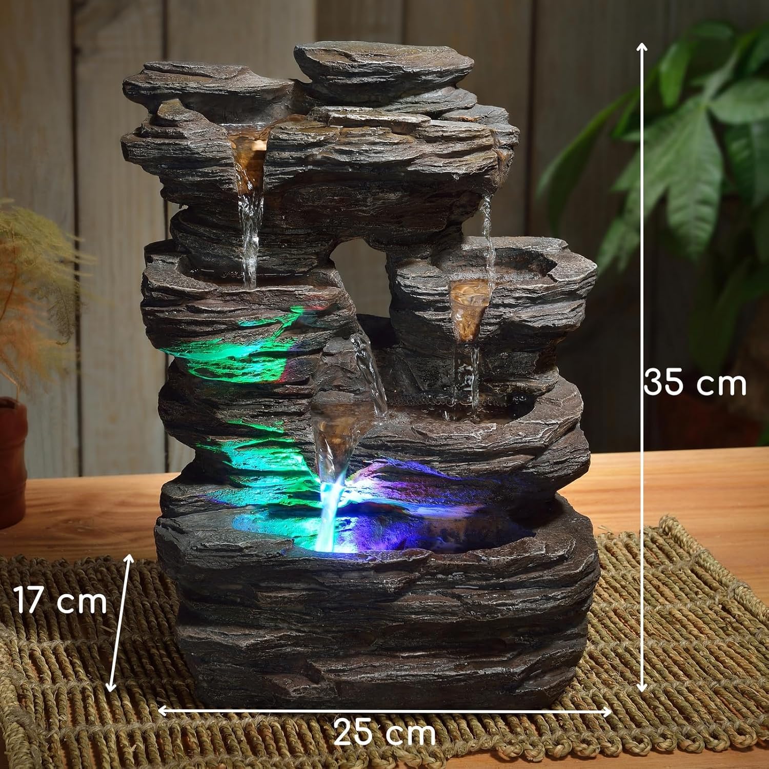 Zen’Light - Zimmerbrunnen Pietra - Steinoptik aus Kunstharz mit Bunten Lichteffekten - Moderne Zen Deko, Meditation & Entspannung - Glücksbringer - H35cm
