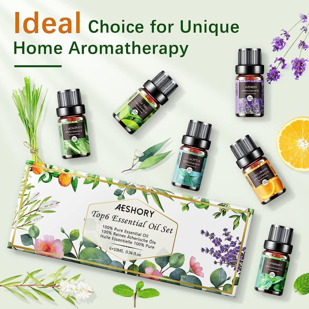 AESHORY Essential Oils Set for Diffuser 6 x 10 ml, 100% Natural Aromatherapy Fragrance Oil, Aroma Oil Gift Set for Soap, Candles, Humidifier, Spa - Lavender, Mint, Tea Tree, Sweet Orange, Eucalyptus