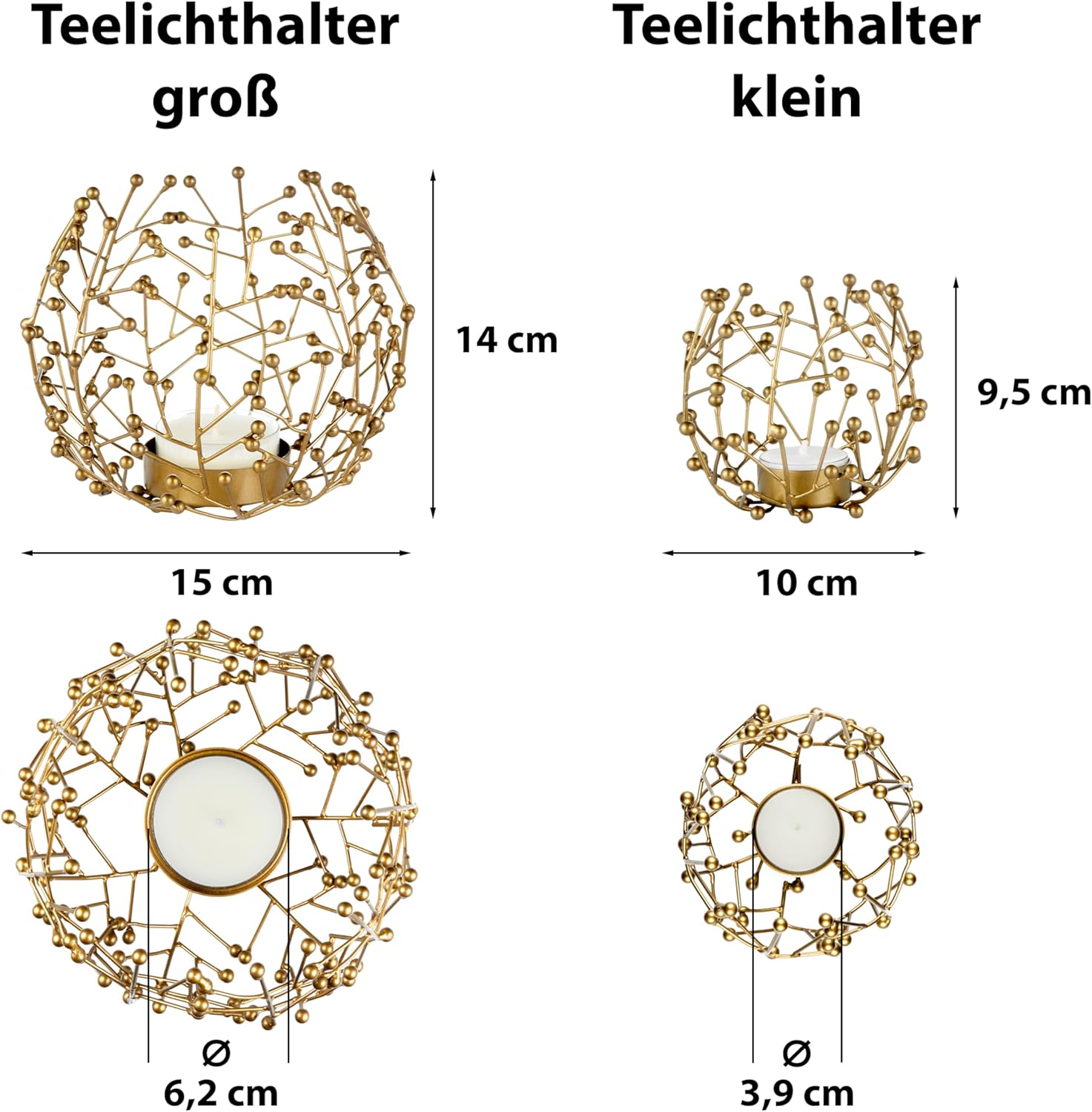 Teelichthalter Metall goldfarben 2er Set - 9,5 und 14 cm hoch - ideale Tischdeko Wohnzimmer Deko modern - Deko Fensterbank - Dekoration Wohnung modern - Kerzen Deko Set