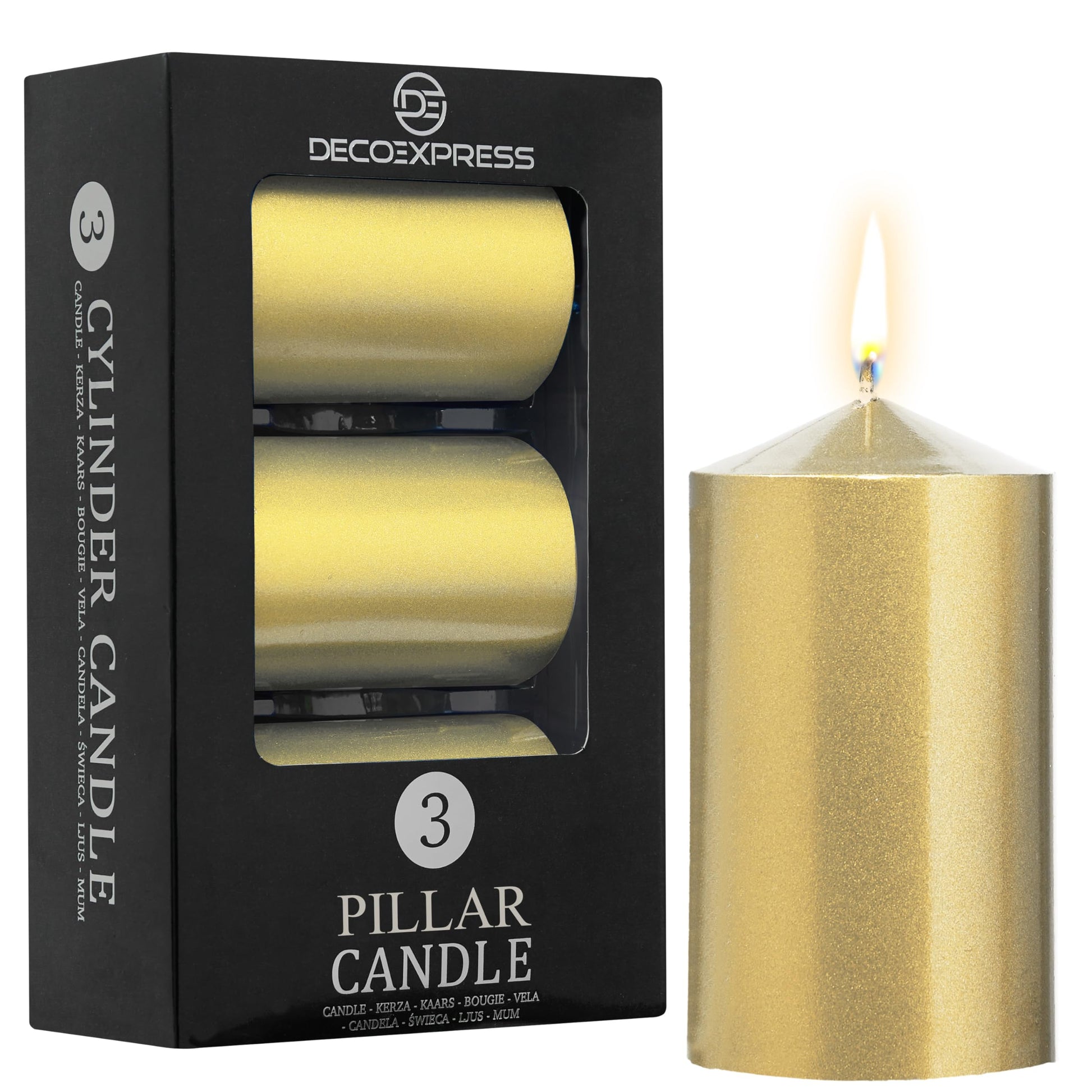 DECO EXPRESS Metallic Pillar Candle Set, 3 Pack, Candles Long Burn Time, 30 Hours, Odourless (Silver - Pack of 3)