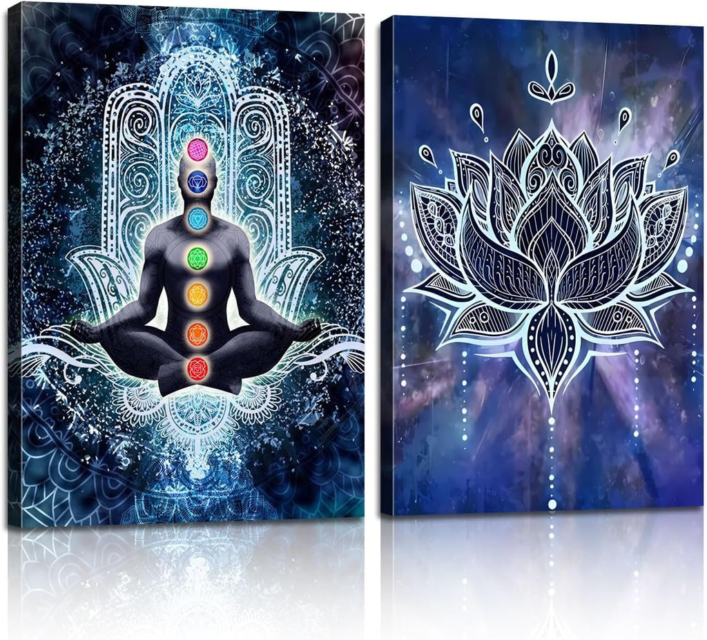 2 Pcs Framed Spiritual Canvas Wall Art Mural Chakra Meditation Poster Lotus Mandala Printed Zen Yoga Artwork Used Mindfulness Therapy Posters Bohemian Picture Home Decoration Gallery Wrapping 12X16Inch