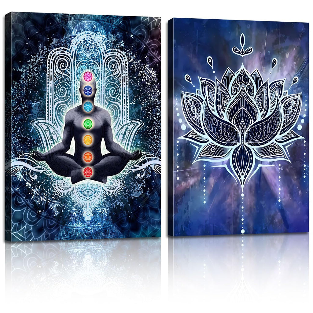 2 Pcs Framed Spiritual Canvas Wall Art Mural Chakra Meditation Poster Lotus Mandala Printed Zen Yoga Artwork Used Mindfulness Therapy Posters Bohemian Picture Home Decoration Gallery Wrapping 12X16Inch