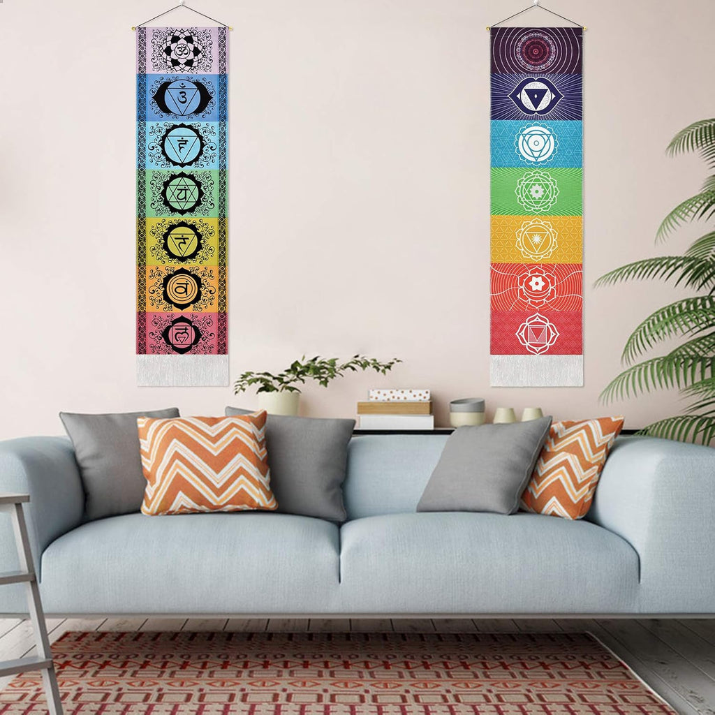 Yugarlibi Set of 2 Chakra Wall Hangings, Meditation Yoga Trippy Tapestry with Tassel, Mandala Tapestry, Wall Hangings for Bedroom, Living Room, Black and White Chakra 130 x 32.5 cm