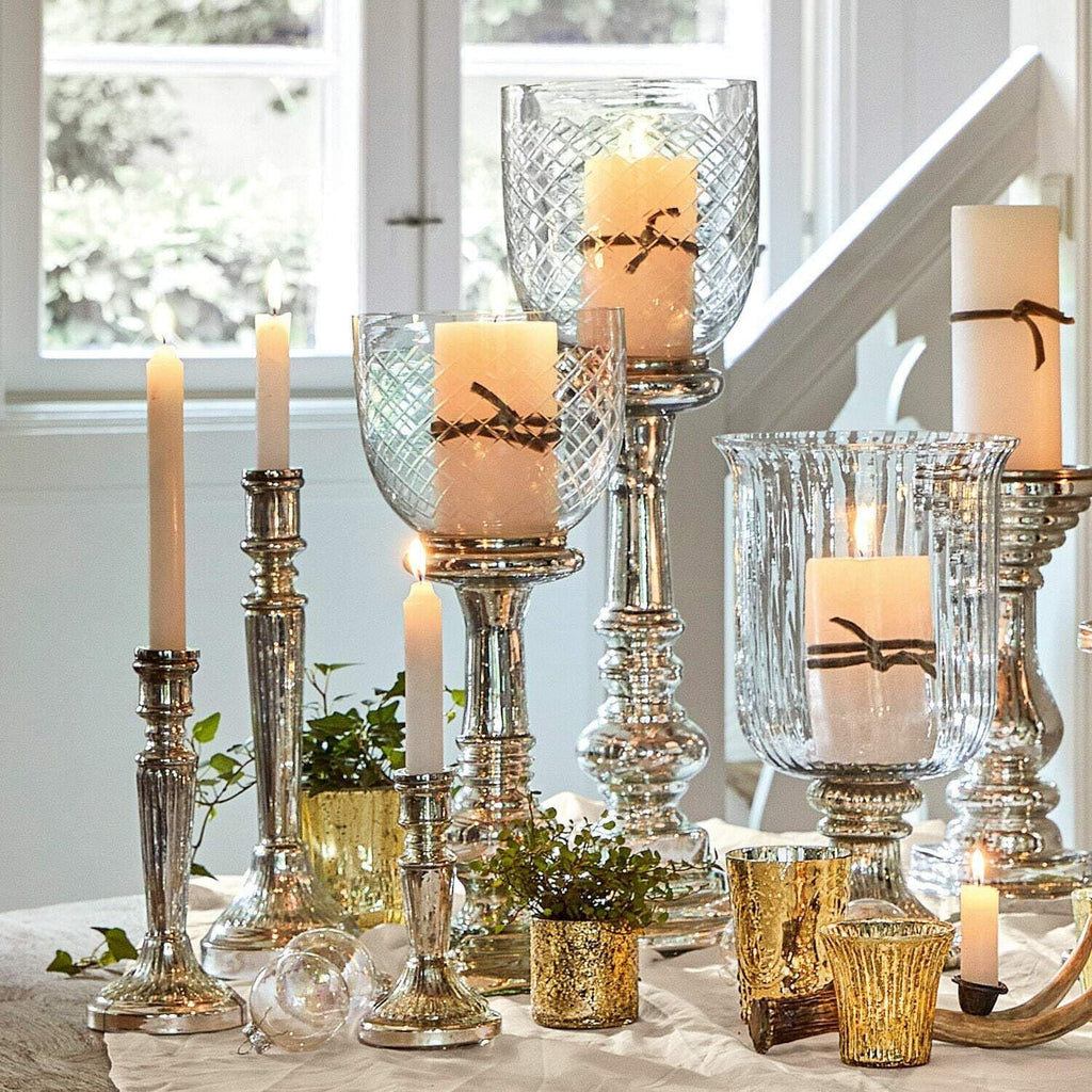 Loberon Windlicht 2er Set Layci, majestätische Wirkung, feiner Rautenschliff, Antik-Finish, Kerzenhalter, für Teelichter oder Stumpenkerzen, Glas, Silber/klar