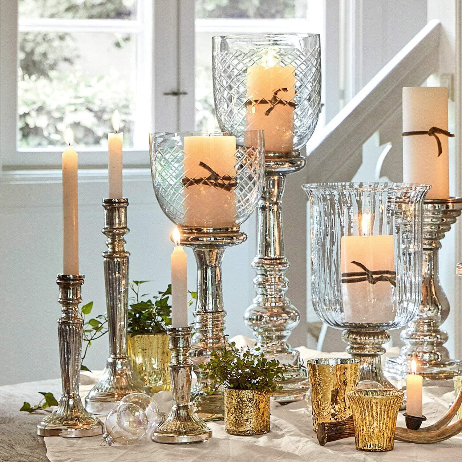 Loberon Windlicht 2er Set Layci, majestätische Wirkung, feiner Rautenschliff, Antik-Finish, Kerzenhalter, für Teelichter oder Stumpenkerzen, Glas, Silber/klar