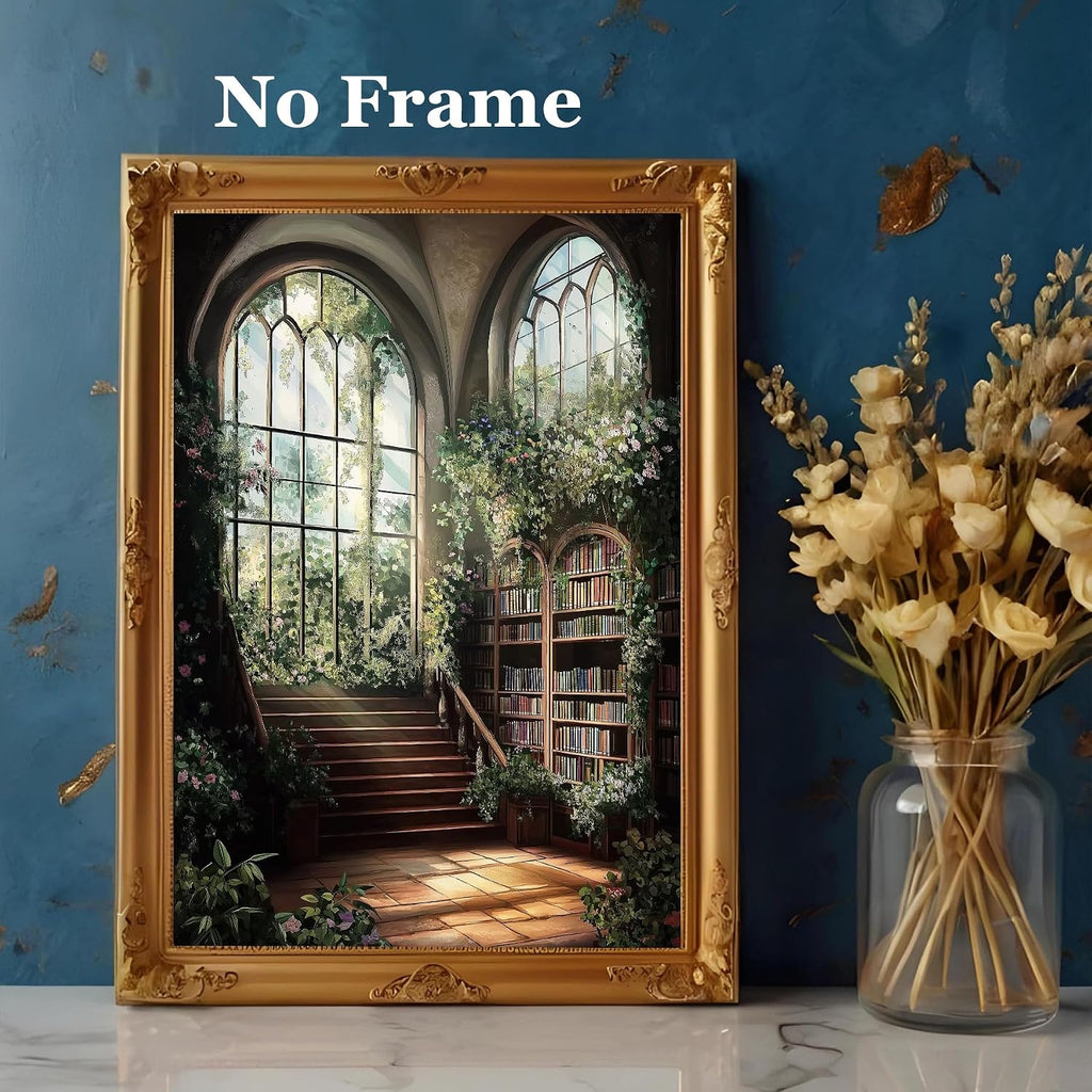 Gothic Library Wall Art Dark Academia Books Posters Moody Botanical Wildflower Wall Art Retro Green Paintings Victorian Library Prints Aesthetic Bookish Pictures for Bookstore Decor 16x24in No Frame