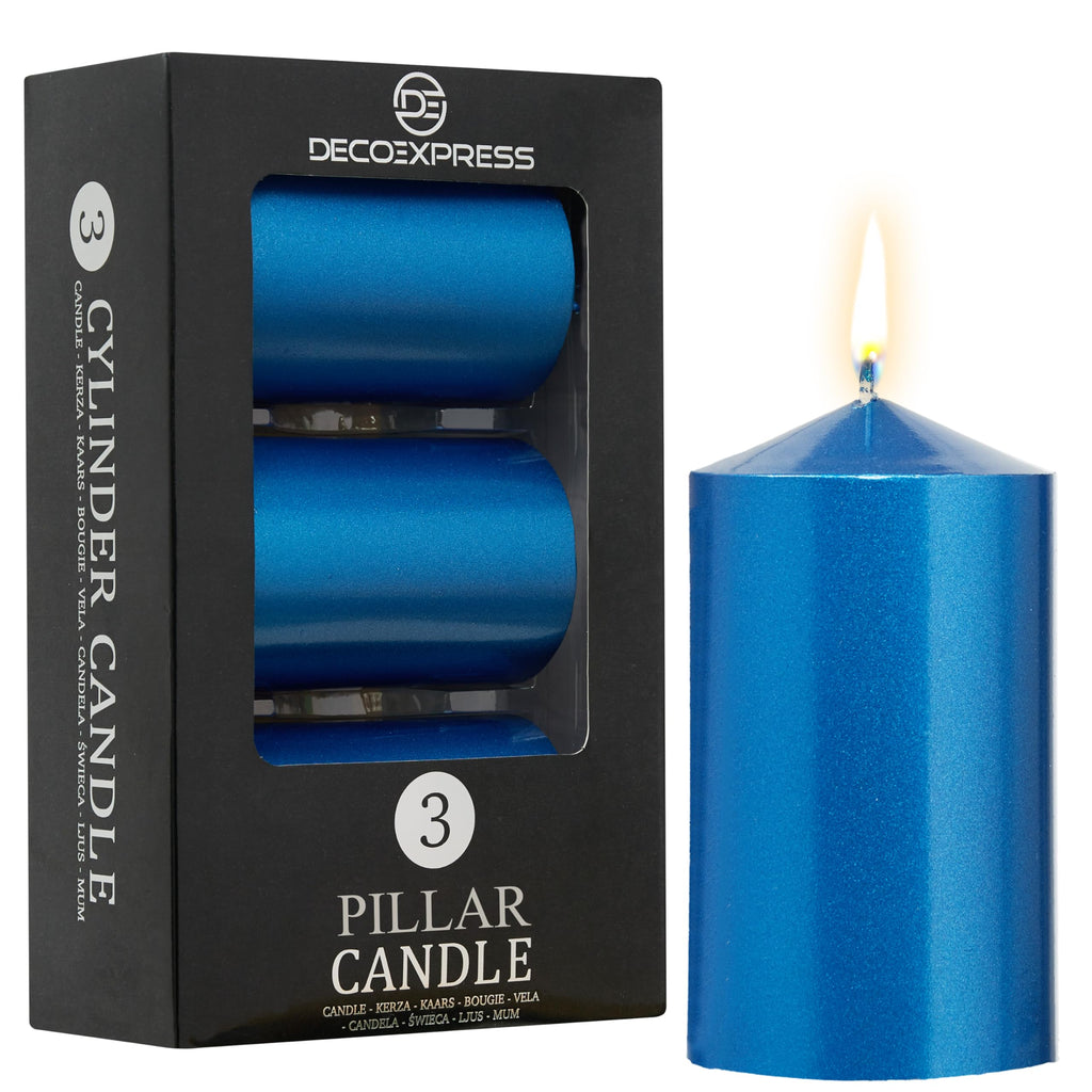 DECO EXPRESS Metallic Pillar Candle Set, 3 Pack, Candles Long Burn Time, 30 Hours, Odourless (Silver - Pack of 3)