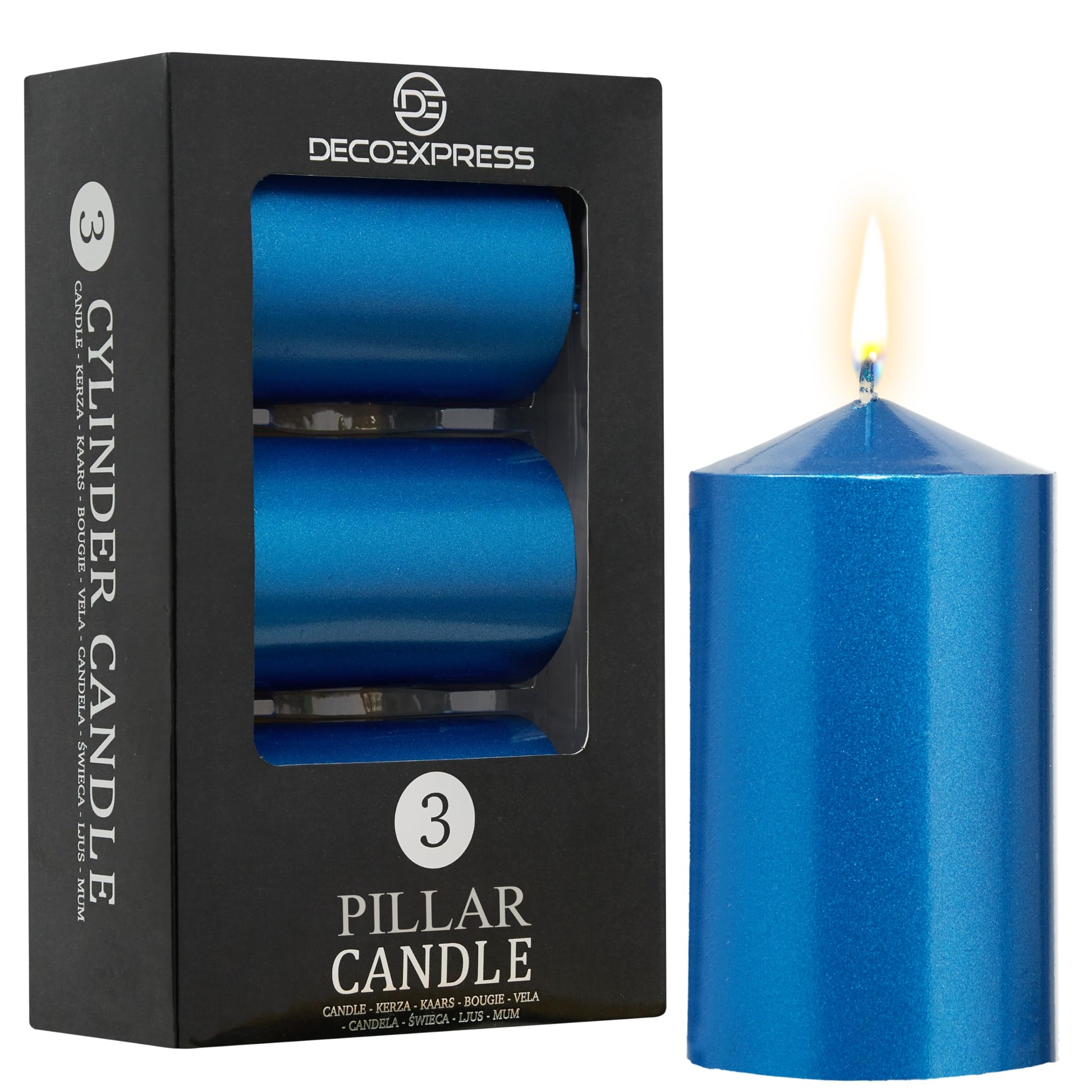 DECO EXPRESS Metallic Pillar Candle Set, 3 Pack, Candles Long Burn Time, 30 Hours, Odourless (Silver - Pack of 3)