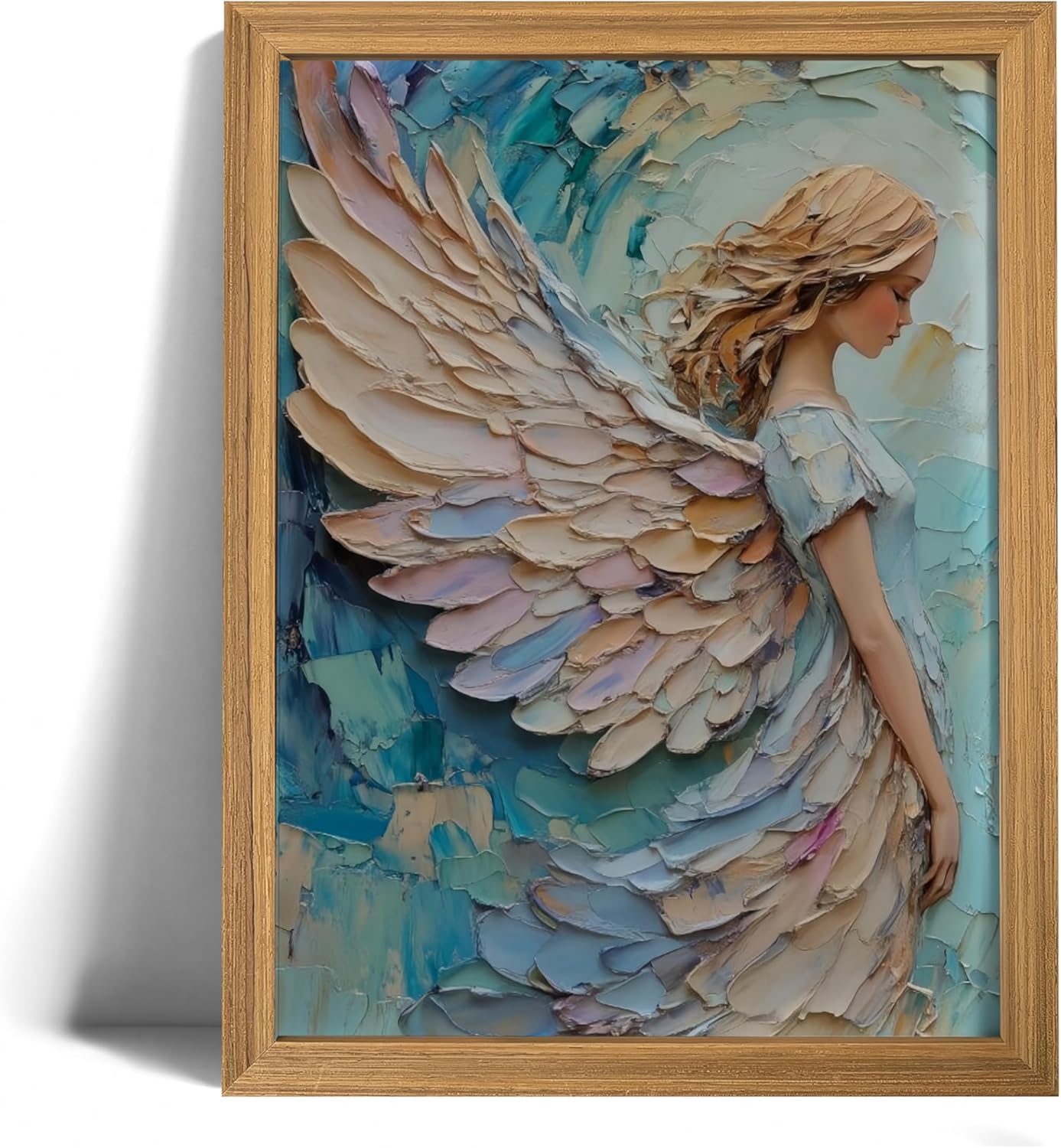 Praying Angel Wall Art – Spiritual Canvas Print, Colored Winged Angel Oil Painting Style Christian Religious Picture poster，Spiritual Blue and Pastel Tones Wall Decor for Bedroom, Prayer Room, Christian Gift, Wood Frame 12x16in