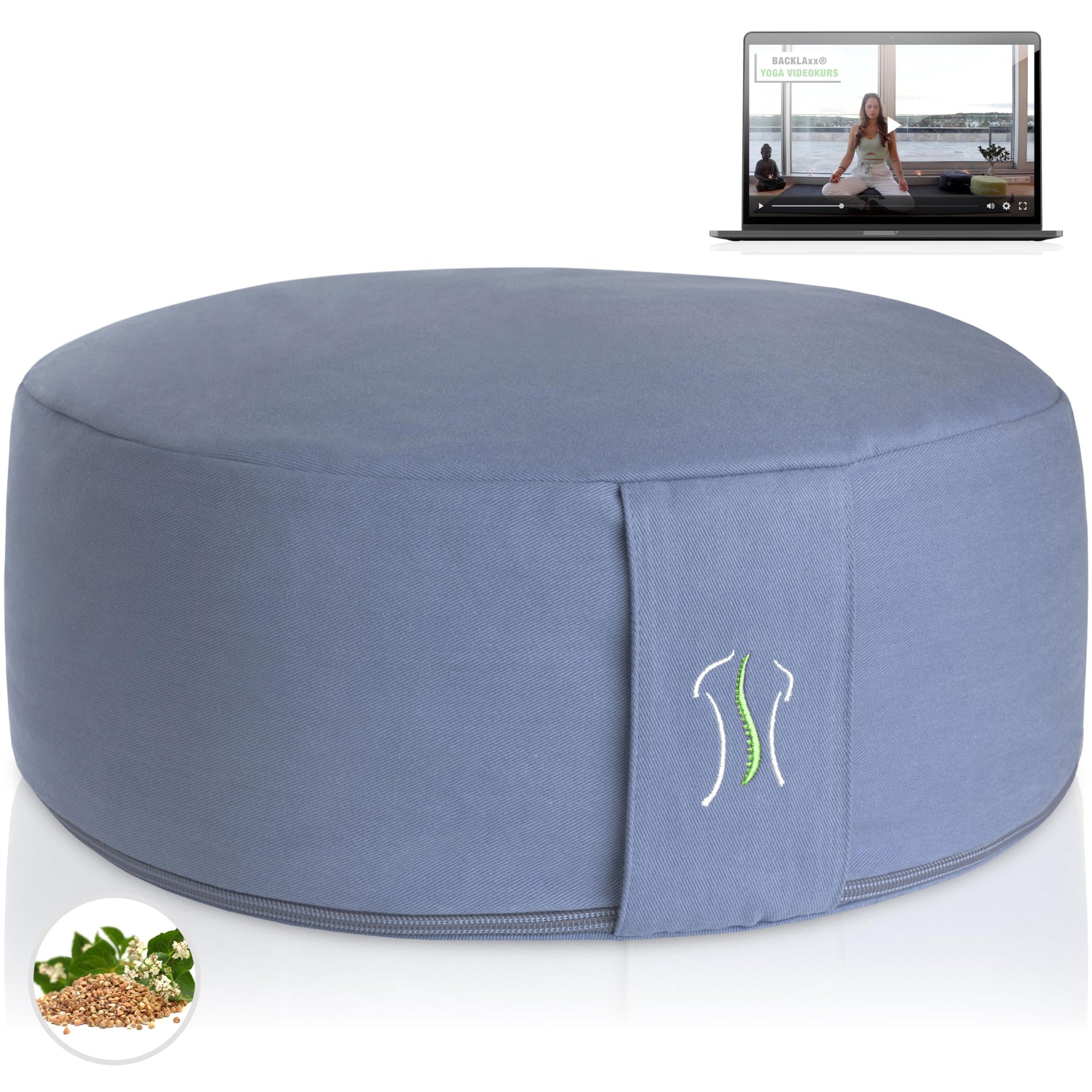 BACKLAXX ® Yoga Kissen, Meditationskissen XL Ø35cm [30% mehr Sitzfläche], 15cm hoch mit Buchweizenfüllung, perfektes Meditation Zubehör, Yogakissen rund inkl. Videokurs - Pouf Sitzkissen Boden