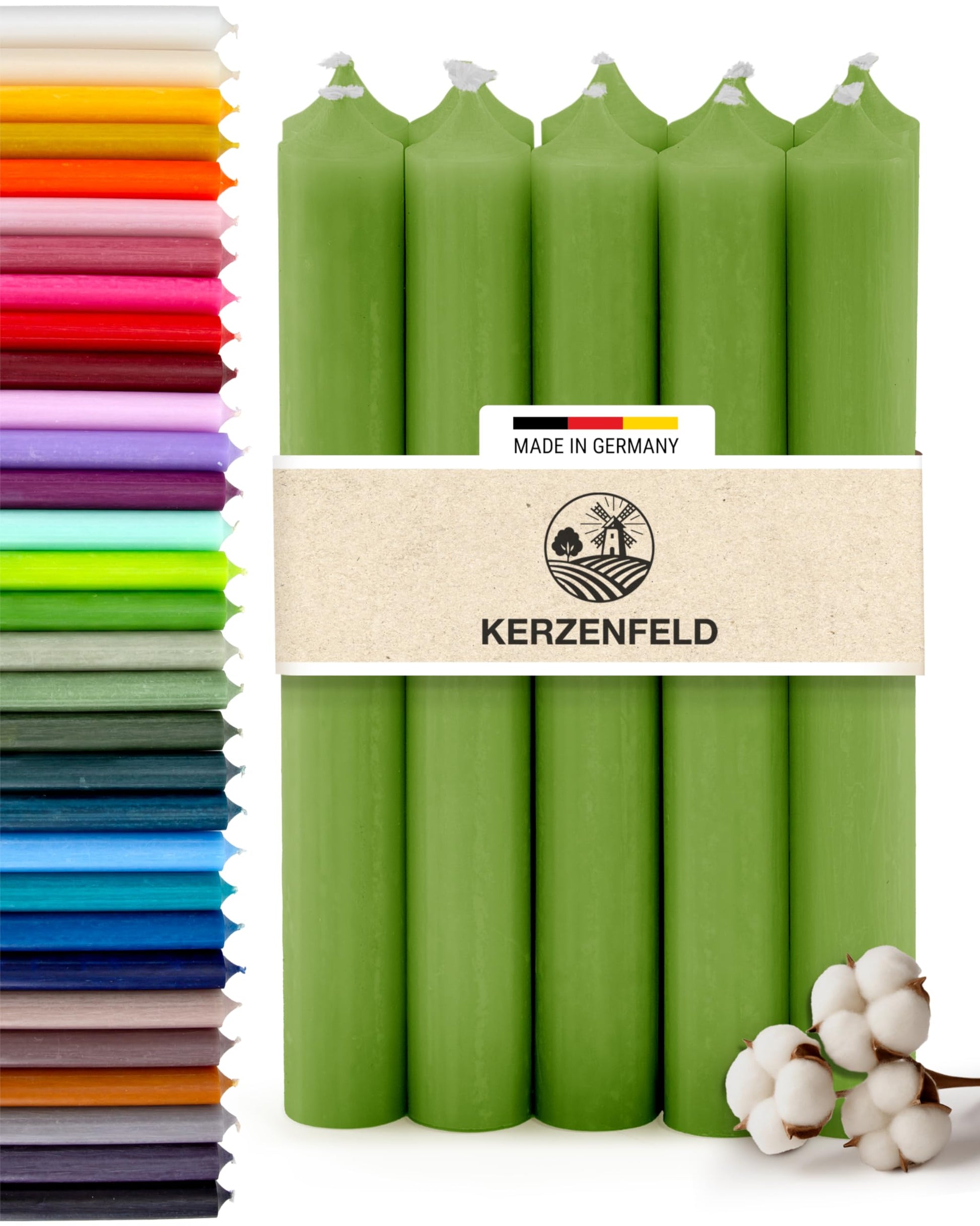 Bunte Stabkerzen Durchgefärbte, 10 Stück, 180mm x 22mm, Spitzkerzen, 8+ Stunden Brenndauer, Made in Germany - Ohne Tropfen & Rußen - Unparfümierte und RAL-Zertifizierte Tafelkerzen (Jade Grün)