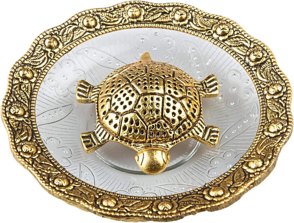 Wonder Care Feng Shui Turtle Statue in Glass Top Sculpted in Great Details in Ivory Antique Finish - Idol for Car | Home Decoration | Gift | Turtle Plate 12.7 cm Turtle Plate_5''''