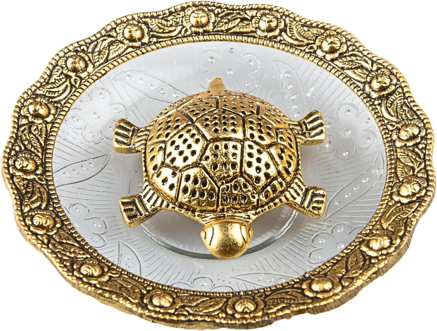 Wonder Care Feng Shui Turtle Statue in Glass Top Sculpted in Great Details in Ivory Antique Finish - Idol for Car | Home Decoration | Gift | Turtle Plate 12.7 cm Turtle Plate_5''''