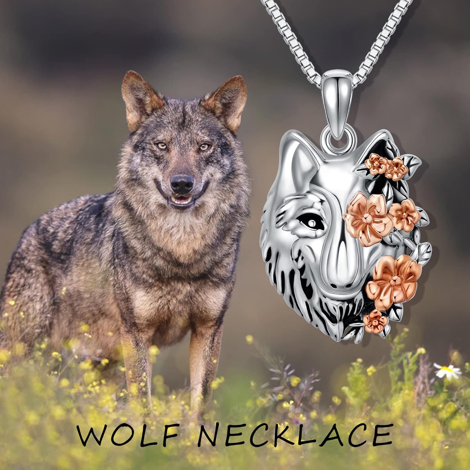 CUPENDA Wolf Halskette Sterling Silber Heulender Wolfskopf Blume Anhänger Halskette Nordische Wikinger Schmuck Geschenke für Frauen