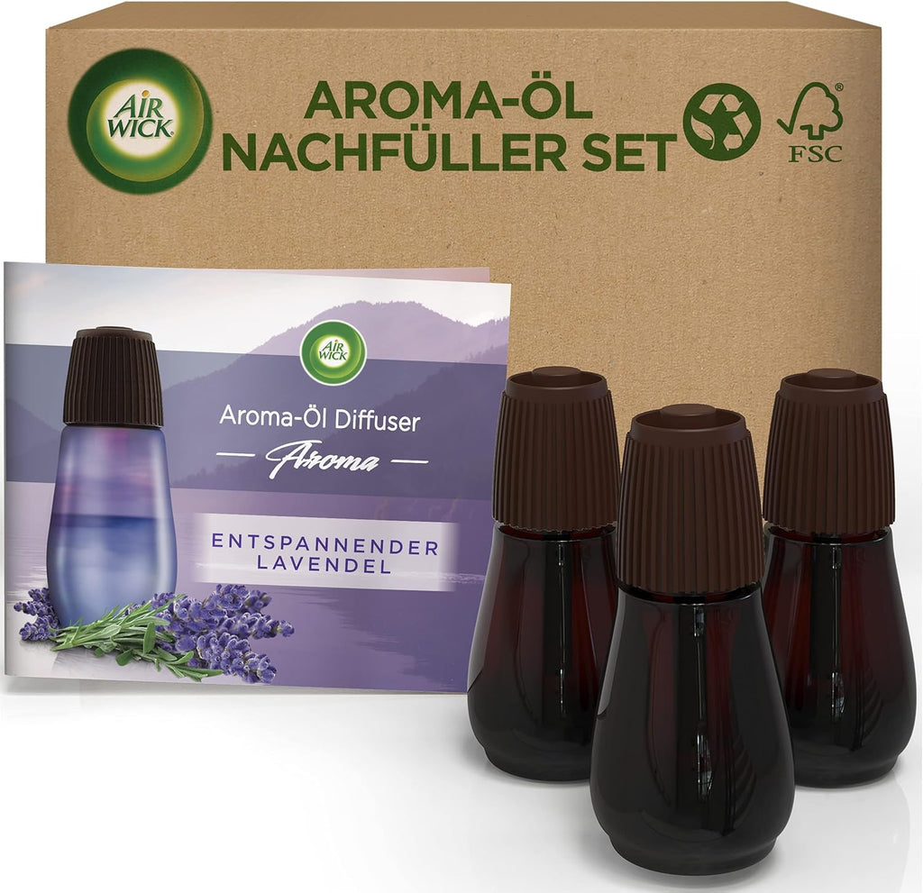 Air Wick Scented Oil Bottle - Fragrance Oil Refill Set for Air Wick Diffuser - Fragrance: Relaxing Lavender – 3 x 20 ml Essential Oil with Diffuser.