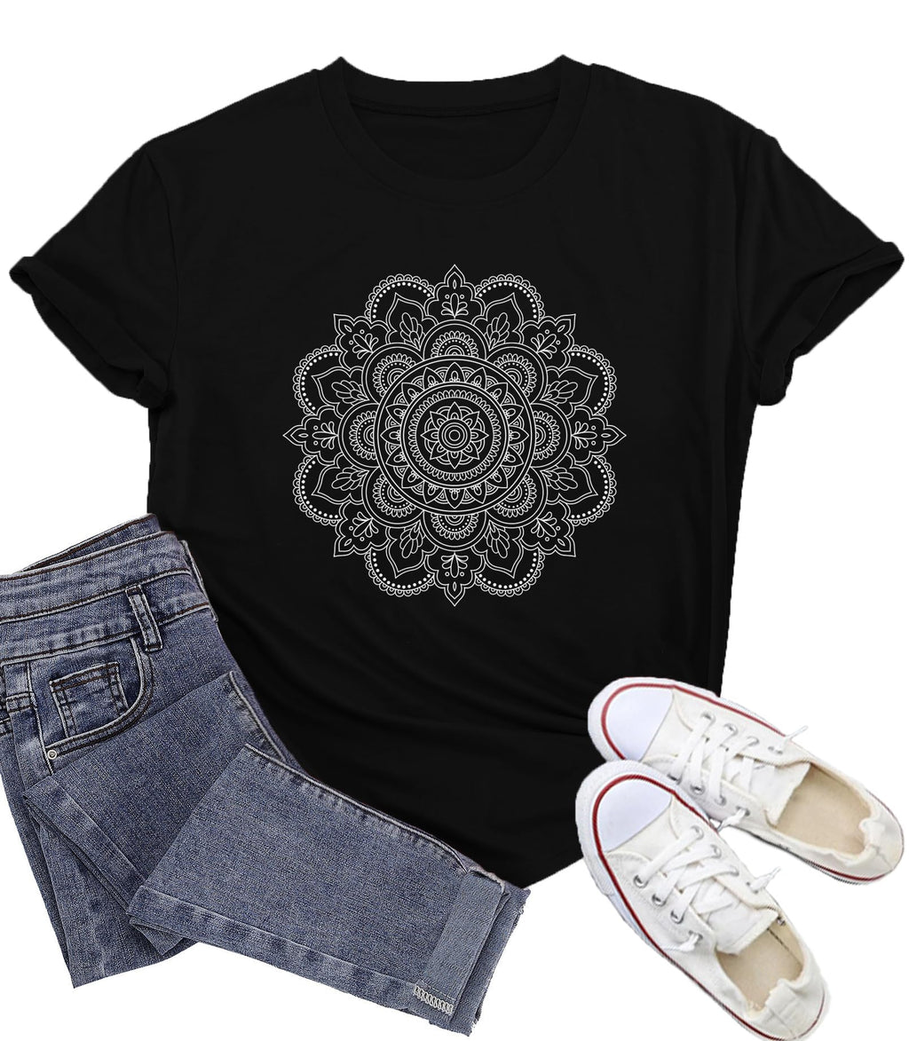 Wlen Boho Meditation Shirt for Women Yoga Mandala T-Shirts Pilates Tee Tops