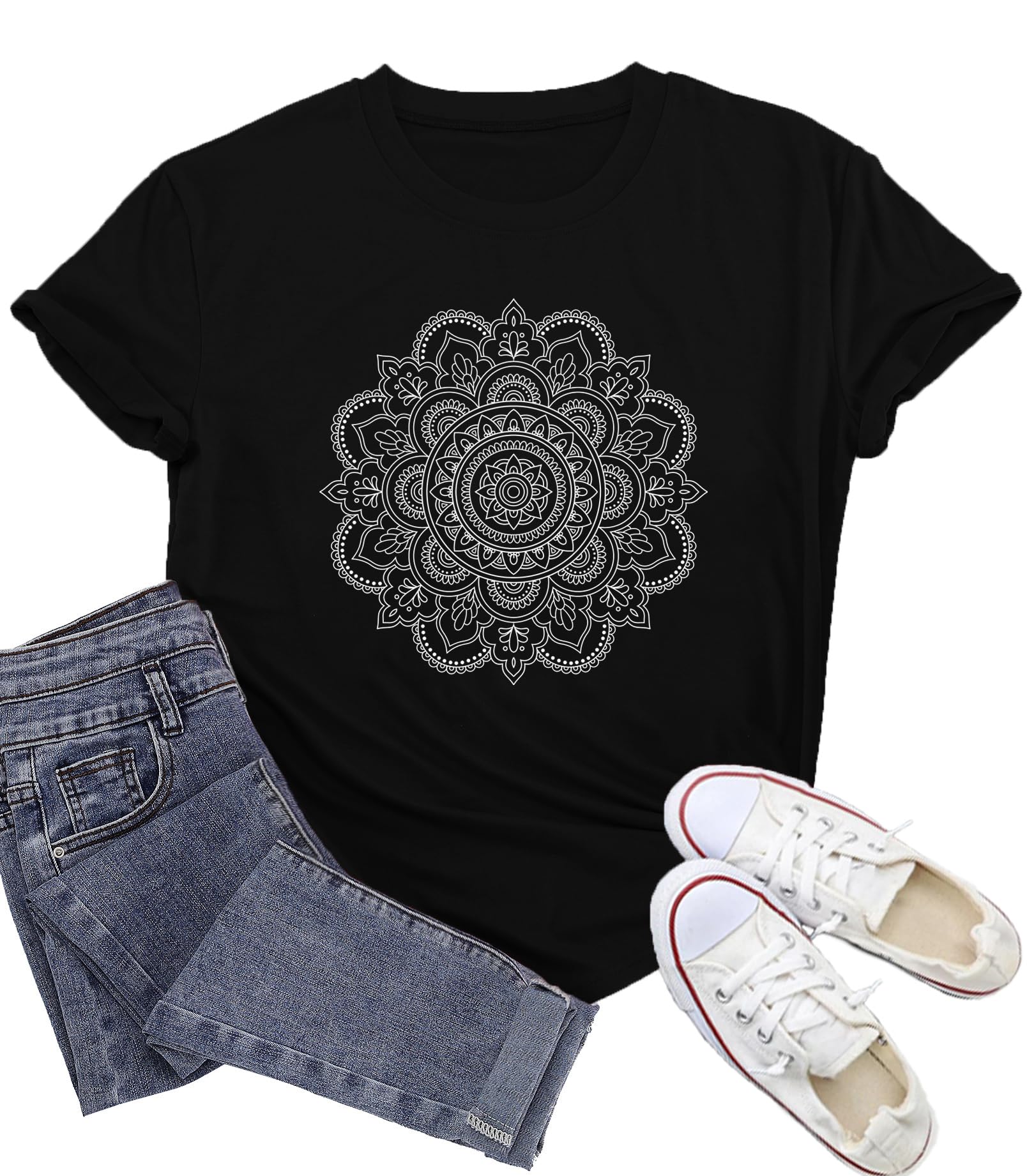 Wlen Boho Meditation Shirt for Women Yoga Mandala T-Shirts Pilates Tee Tops