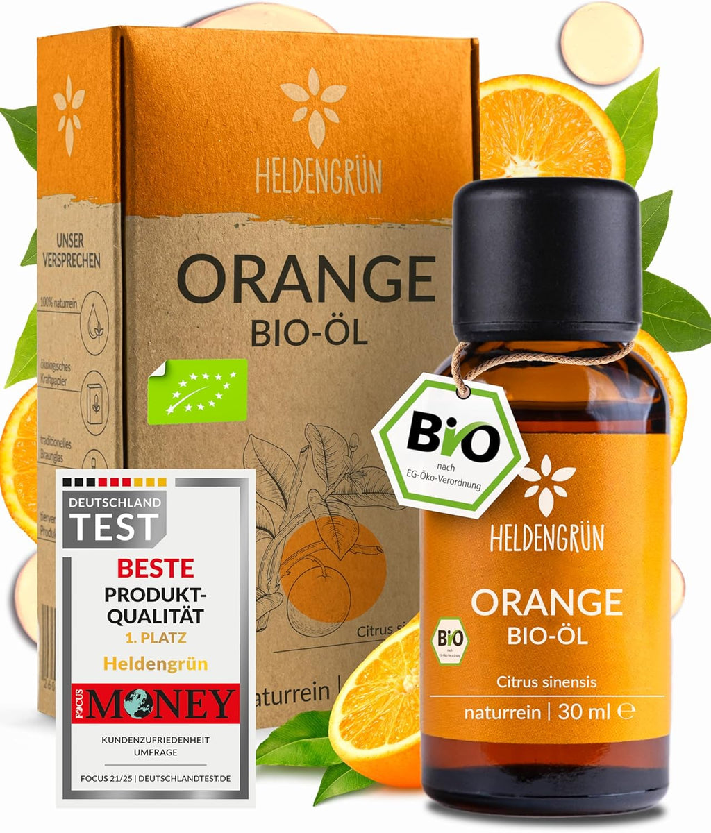 Heldengrün® BIO Orangenöl [100% NATURREIN] Kaltgepresst aus echten Orangen - Orangenöl zum Verzehr - Ätherisches Öl - Duftöl Orange Oil