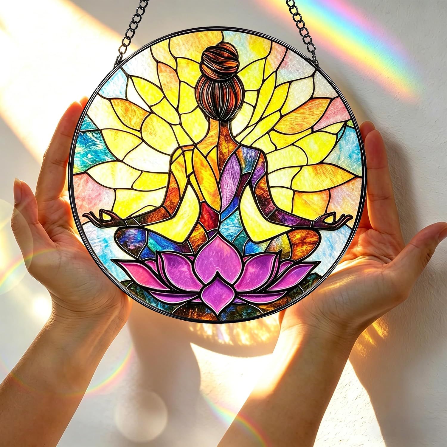 Stained Glass Window Hanging, 7.8 Inch Yoga Stained Glass Suncatcher, Boho Window Hanging Decor, Yoga Decor, Spiritual Healing Gift, Great Gift Ideas, Gifts for Women, Gifts for Christmas & Holiday