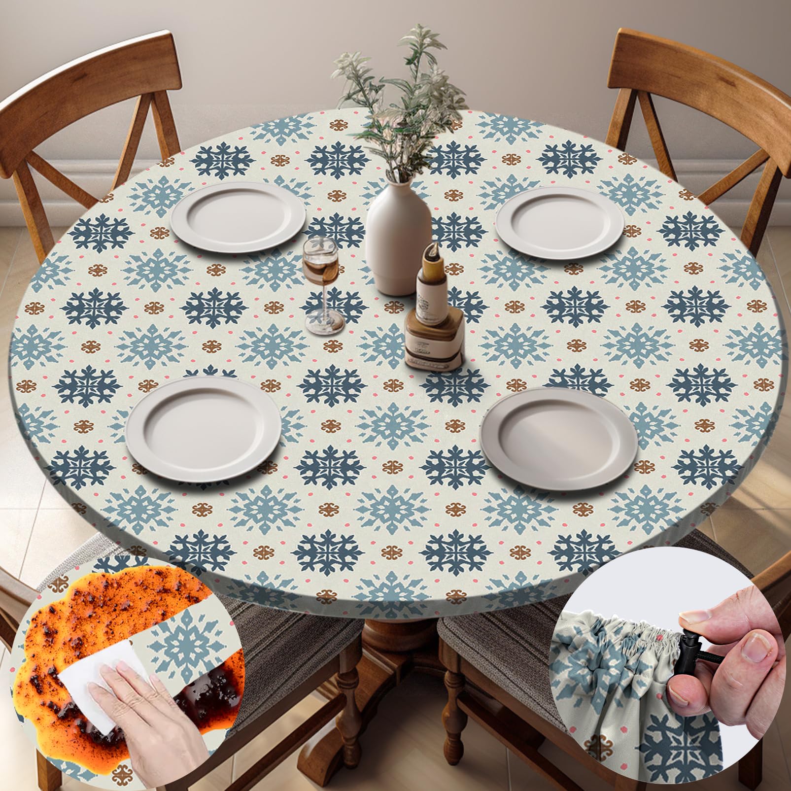 opstellen Fitted Round Tablecloth Waterproof Table Cloth Vinyl Indoor Outdoor Circle Cover for 36-44" Tables Dining Kitchen Apartment Home Party Gear Gifts Summer Fall Patio Picnic Camping Essentials
