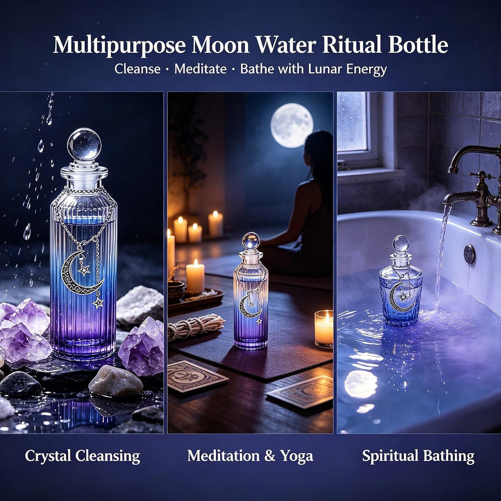 2PC Moon Water Bottle Set Glass Apothecary Jar with Lid & 2 Moon Chains for Spell & Potion Crafting Meditation Intention Setting Witchcraft Supplies (Indigo Third-Eye Intuition (2PC))