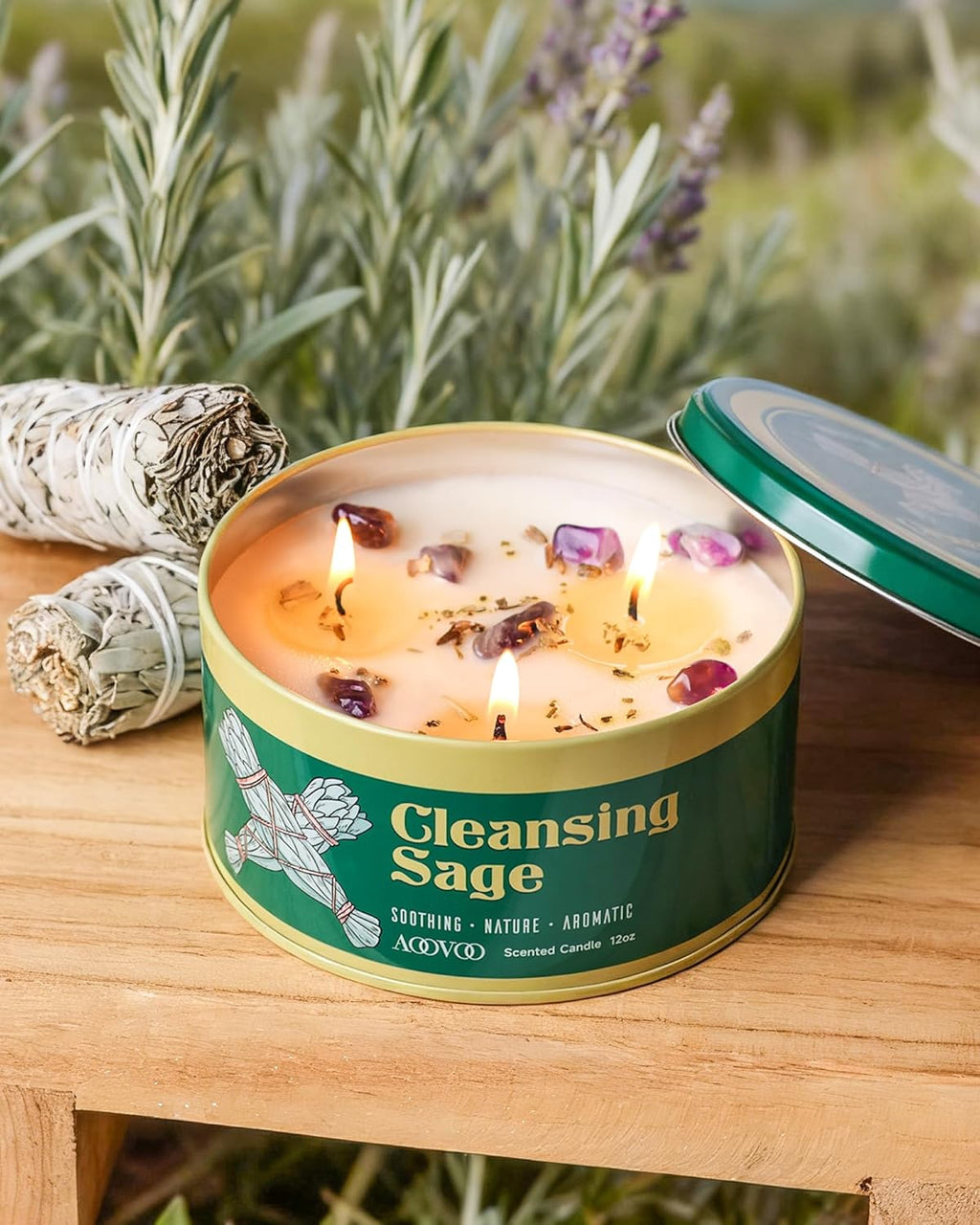 AOOVOO Sage Candle for Cleansing - 3 Wick 12oz Large Scented Candle with Crystals & Sage Leaves Inside, Soy Candles Non Toxic for Meditation Spiritual Gift, Aromatherapy Candle for Women Men