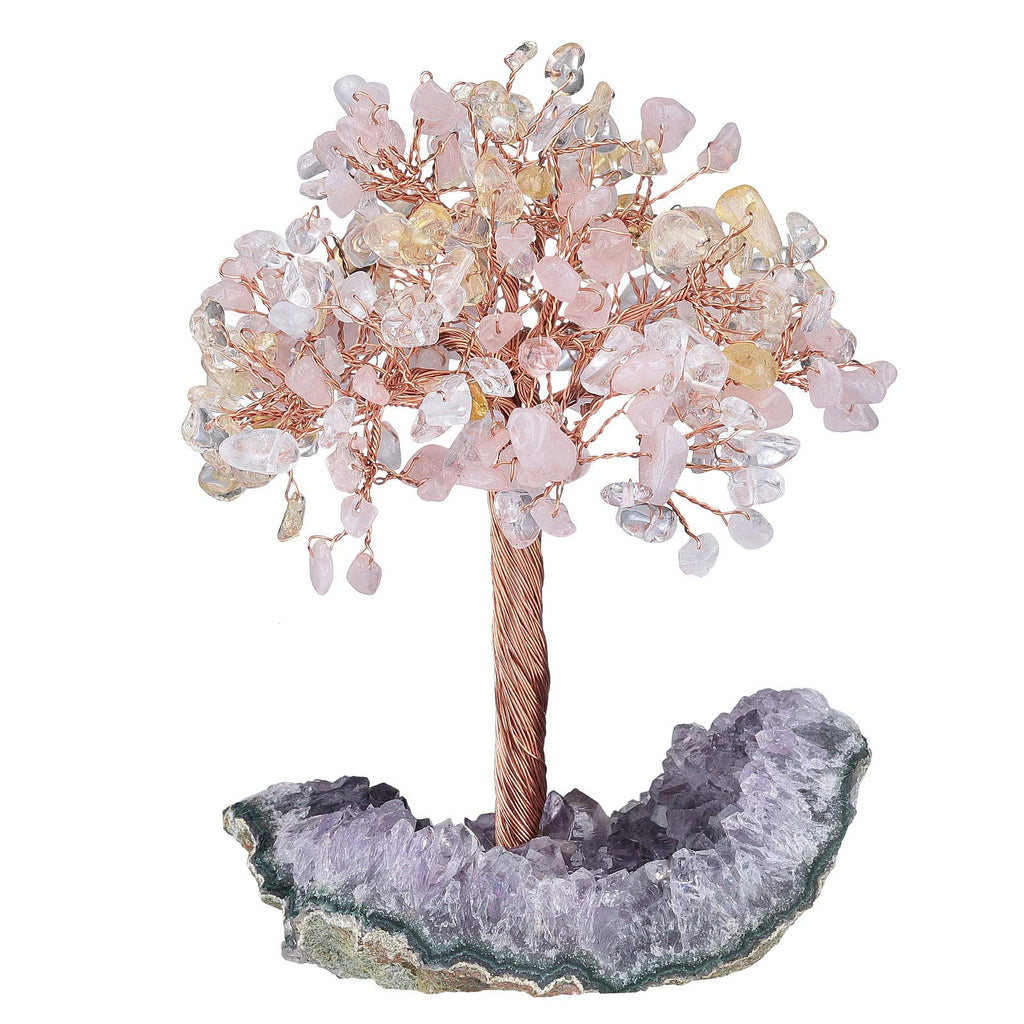 KYEYGWO Amethyst & Citrine Reiki Heilung Kristallbaum auf Natürlichen Amethyst Drusensegment Rohstück Base, Stein Geldbaum Feng Shui Bonsai Baum Figuren Ornament Haus Deko für Glück, Reichtum