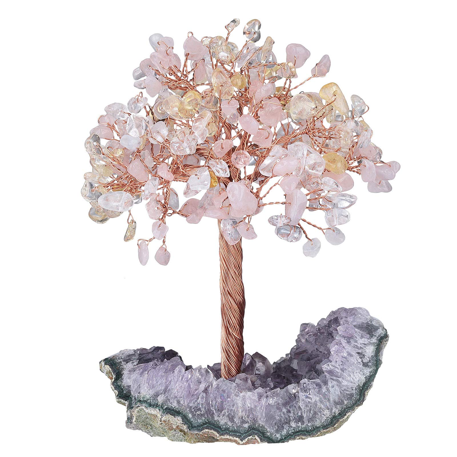 KYEYGWO Amethyst & Citrine Reiki Heilung Kristallbaum auf Natürlichen Amethyst Drusensegment Rohstück Base, Stein Geldbaum Feng Shui Bonsai Baum Figuren Ornament Haus Deko für Glück, Reichtum