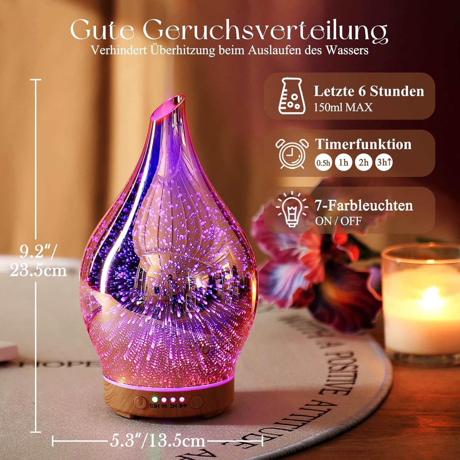 Porseme Aroma Diffuser Luftbefeuchter 150ml,Handgeblasen 3D Luftbefeuchter Ultraschall Leise 7 farbwechselnde LEDs Raumbefeuchter BPA Frei für Wohnung Yoga SPA mit Timer (Rose Gold)