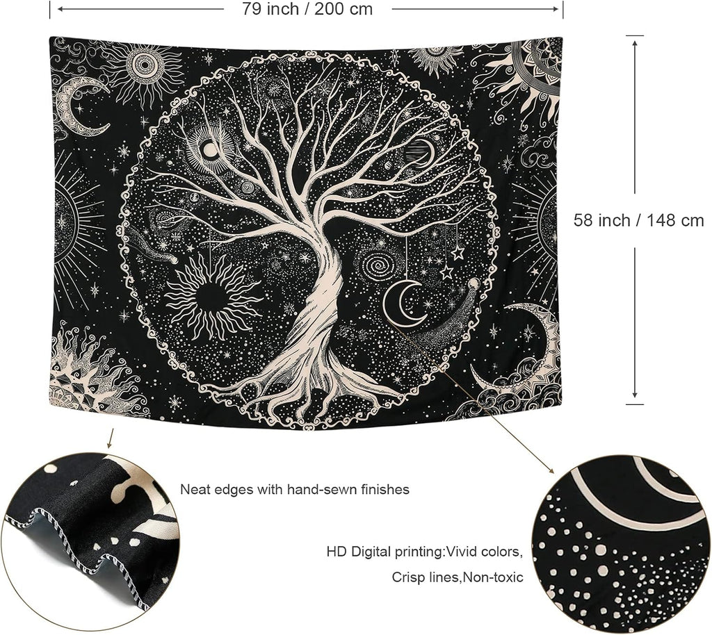 Betylifoy Baum des Lebens Tapisserie Mond und Sonne Schwarzer Wandbehang Tapisserie Psychedelisches Mandala Sternenhimmel Wandteppich Hippie Tapisserie für Schlafzimmer (148x200cm)
