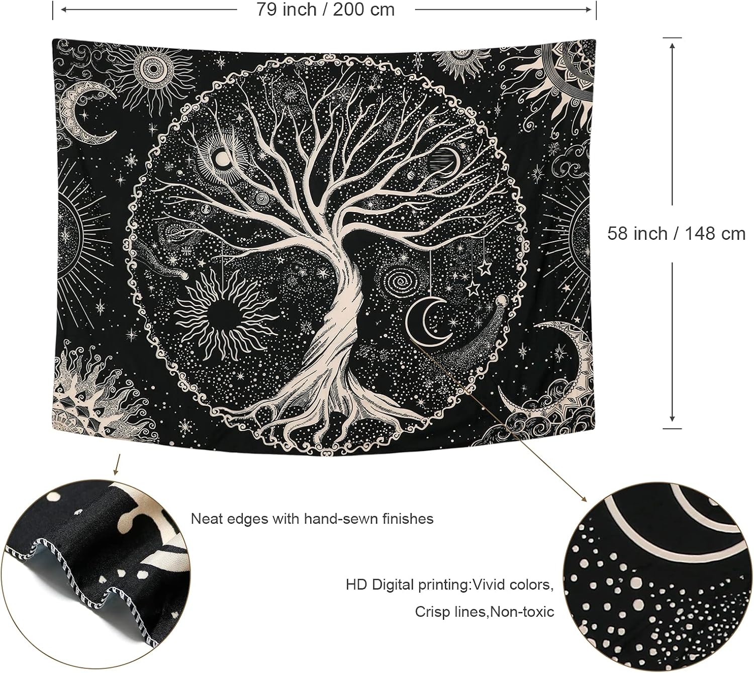 Betylifoy Baum des Lebens Tapisserie Mond und Sonne Schwarzer Wandbehang Tapisserie Psychedelisches Mandala Sternenhimmel Wandteppich Hippie Tapisserie für Schlafzimmer (148x200cm)