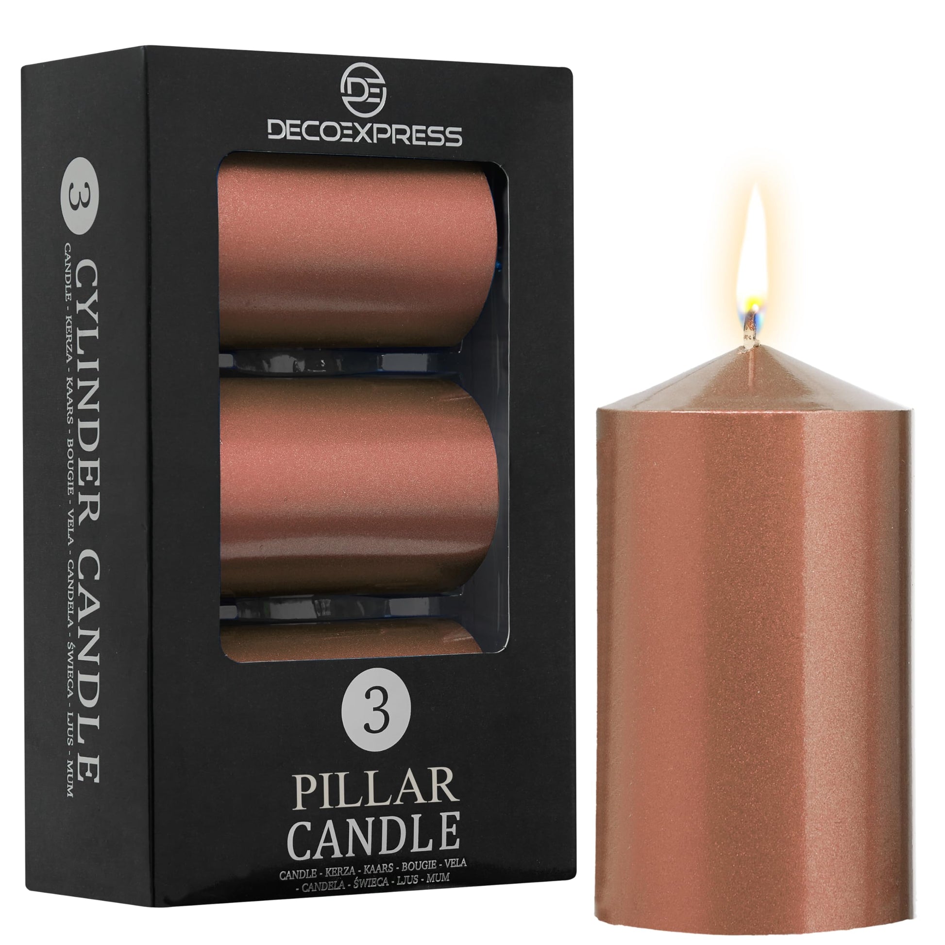 DECO EXPRESS Metallic Pillar Candle Set, 3 Pack, Candles Long Burn Time, 30 Hours, Odourless (Silver - Pack of 3)