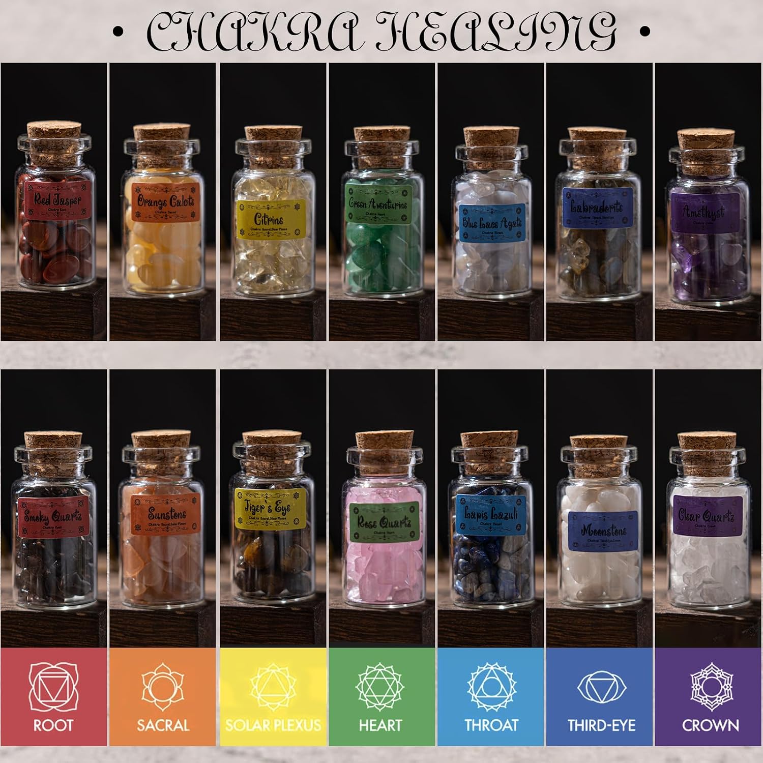 Crystals for Witchcraft in Bottles,14pcs of Crystal Sets for Witchcraft Supplies,Real Crystals and Healing Stones,Wiccan Supply Tool,Mini Gemstones,Chakra Healing Crystals