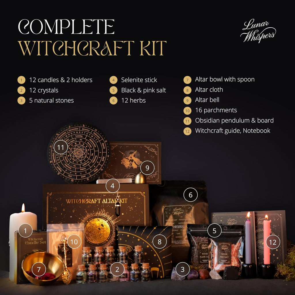 Großes Hexerei-Set 70-teilig – Premium Hexen-Kit für Anfänger – Wicca-Zubehör und Werkzeuge – Altarbild, Kristalle, Edelsteine, Kräuter, Zauberkerzen