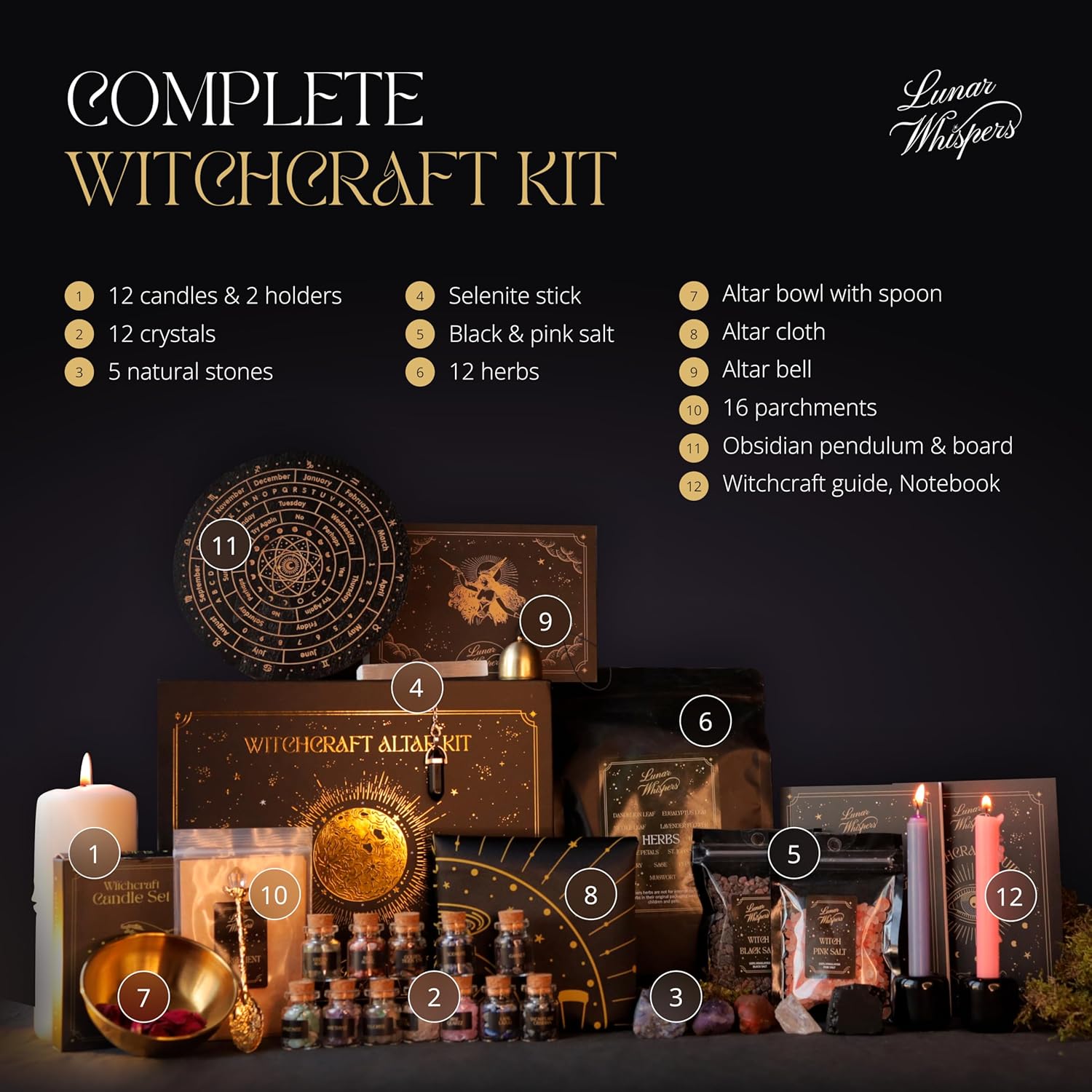 Großes Hexerei-Set 70-teilig – Premium Hexen-Kit für Anfänger – Wicca-Zubehör und Werkzeuge – Altarbild, Kristalle, Edelsteine, Kräuter, Zauberkerzen