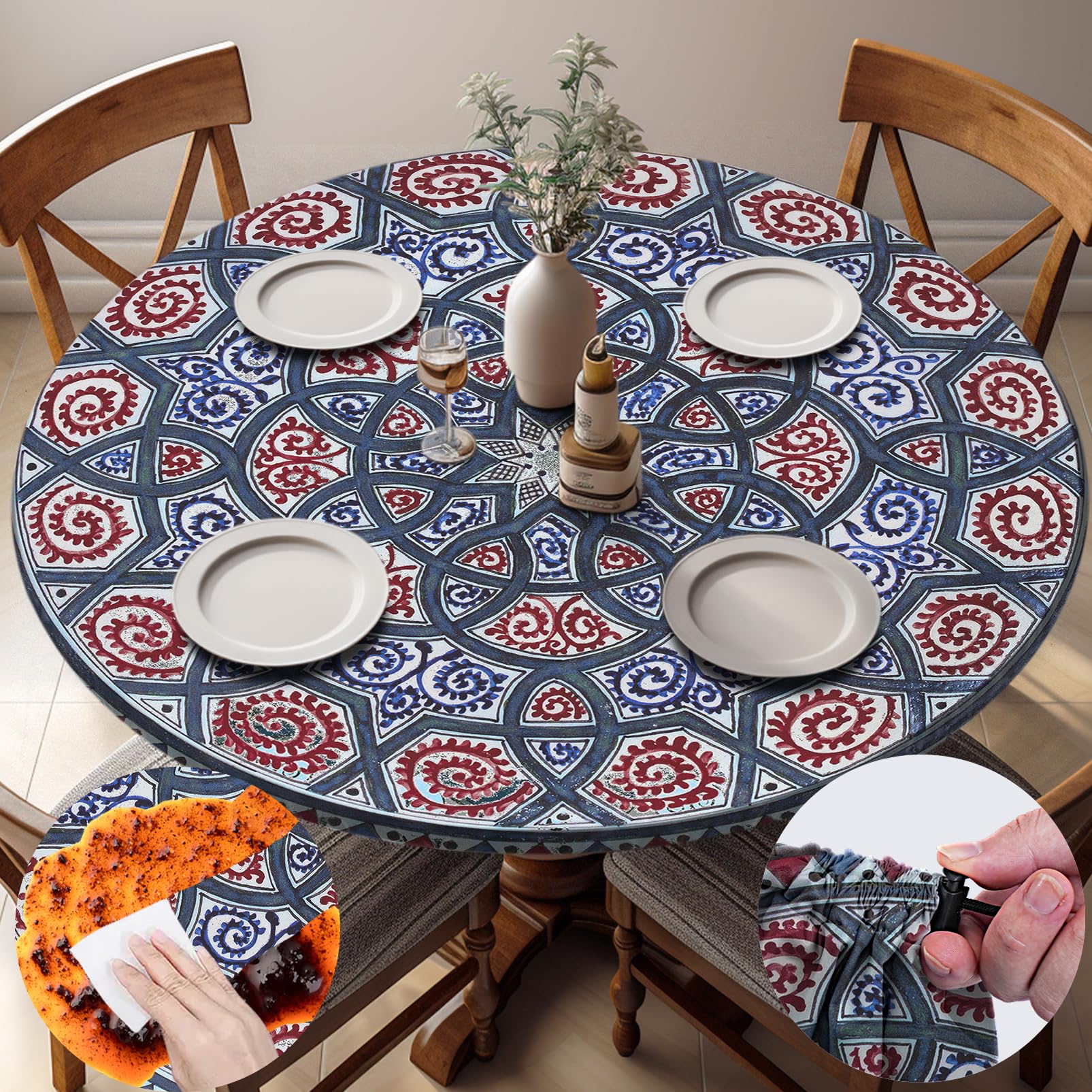 opstellen Fitted Round Tablecloth Waterproof Table Cloth Vinyl Indoor Outdoor Circle Cover for 36-44" Tables Dining Kitchen Apartment Home Party Gear Gifts Summer Fall Patio Picnic Camping Essentials