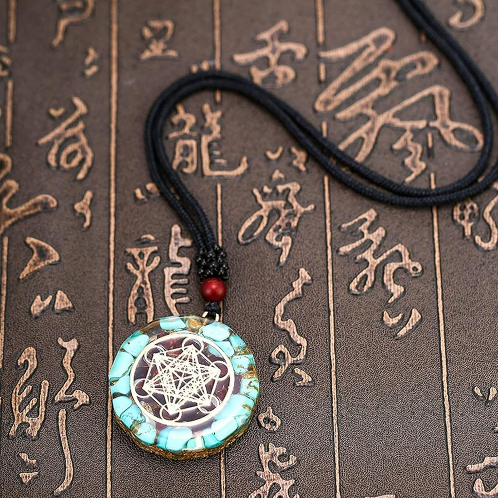 Playstala Pendant Necklace Sacred Geometry Chakra Energy Necklace Meditation Jewellery Cube Amulet, Copper metal, Amethyst