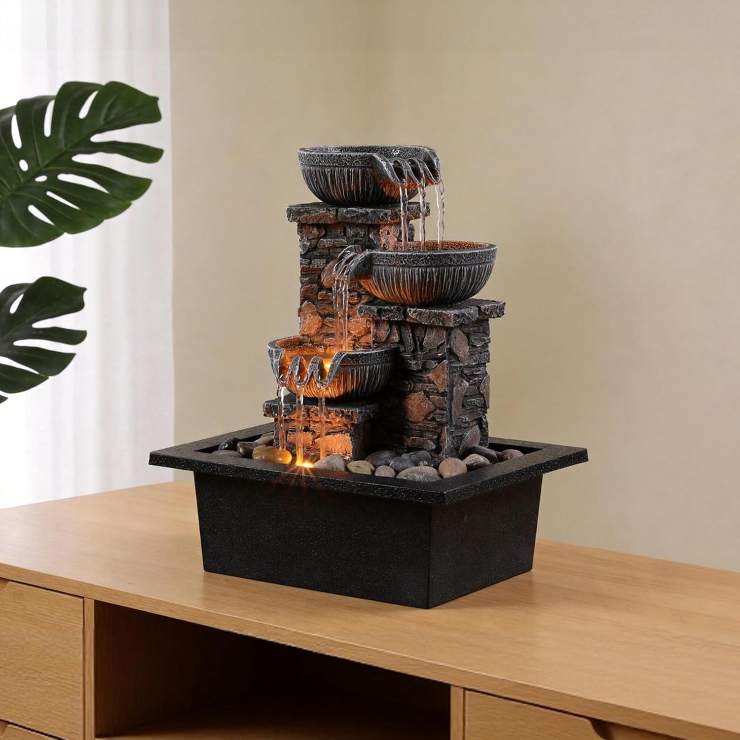 Kalona Tabletop Waterfall Fountain 3 Bowls with LED Light, Soothing Water Flow Sound, Zen Meditation Decor for Home and Office, Relaxation Water Fountains Indoor (23113)